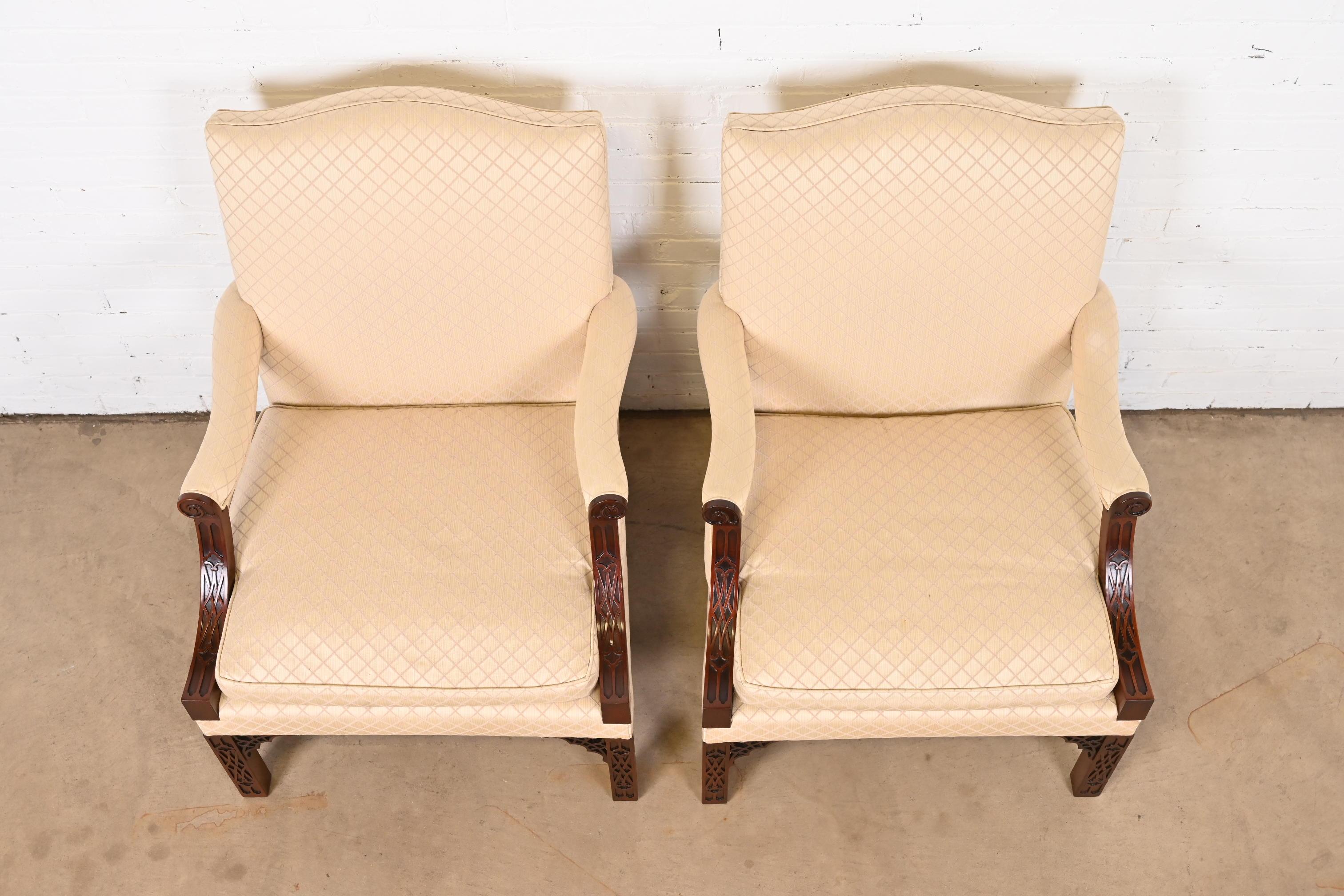 Upholstery Kindel Furniture Chippendale Carved Mahogany Library Chairs, Pair