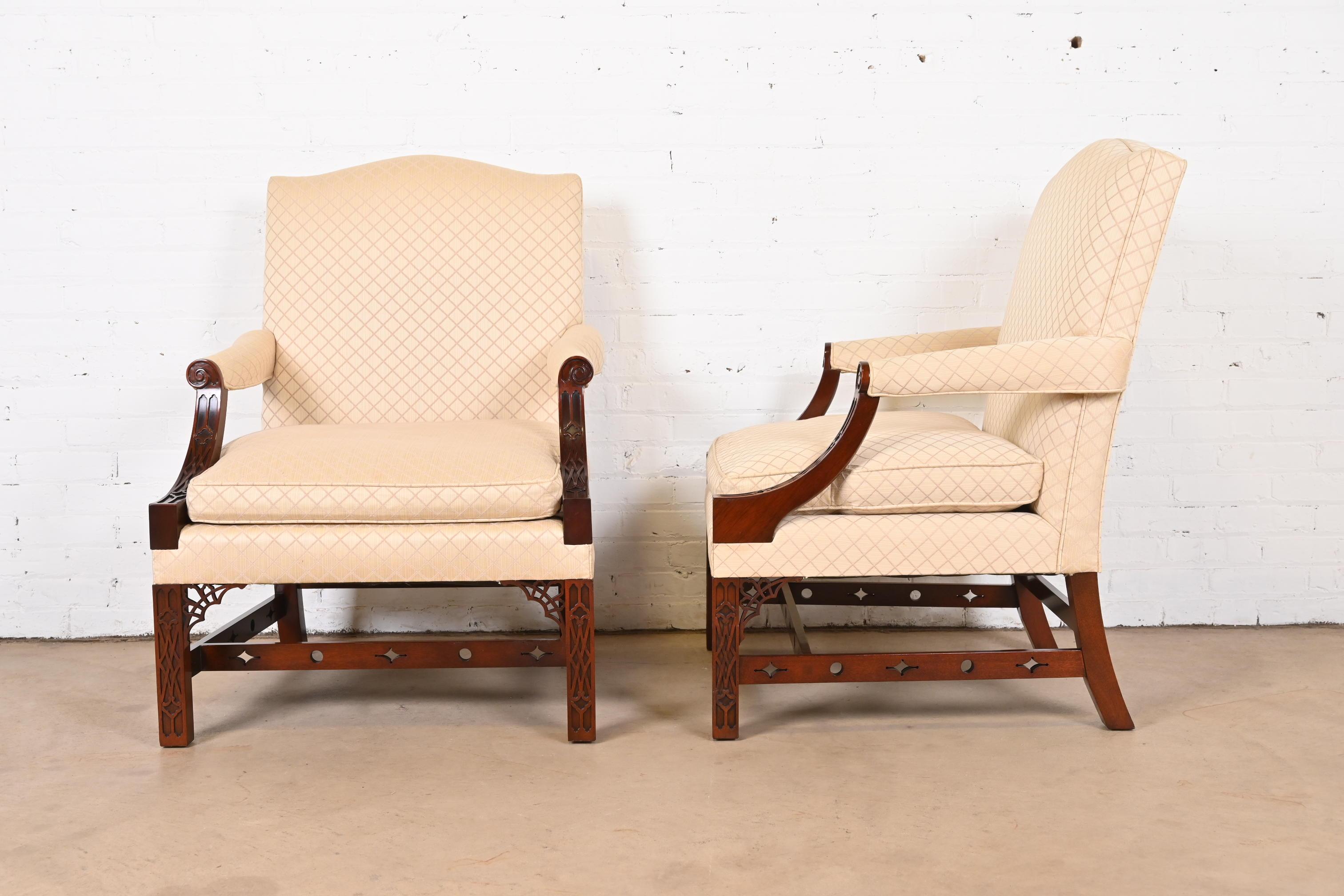 Kindel Furniture Chippendale Carved Mahogany Library Chairs, Pair 1