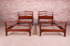Kindel Furniture Chippendale Carved Mahogany Twin Beds, Pair