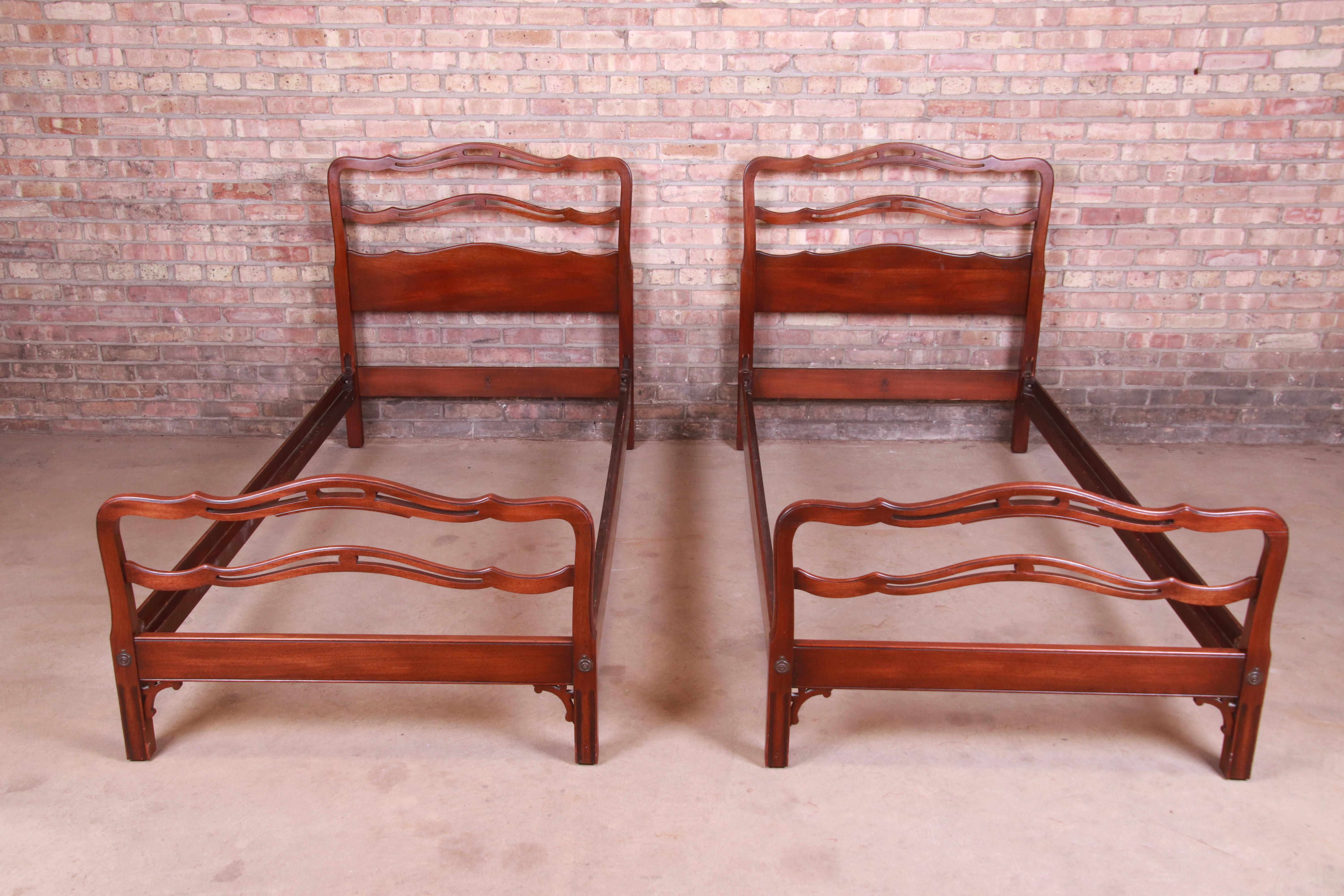 American Kindel Furniture Chippendale Carved Mahogany Twin Beds, Pair