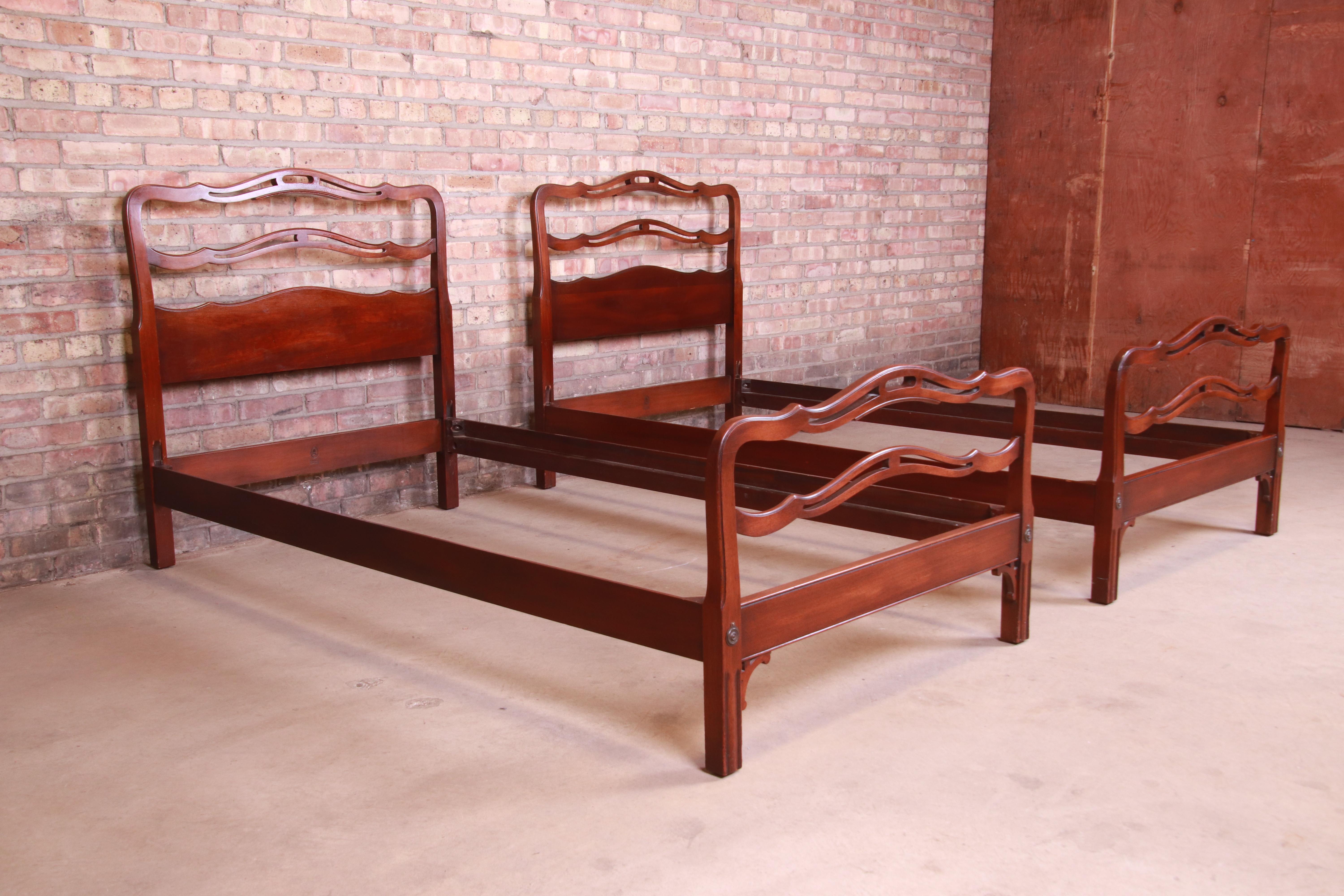 Kindel Furniture Chippendale Carved Mahogany Twin Beds, Pair 1