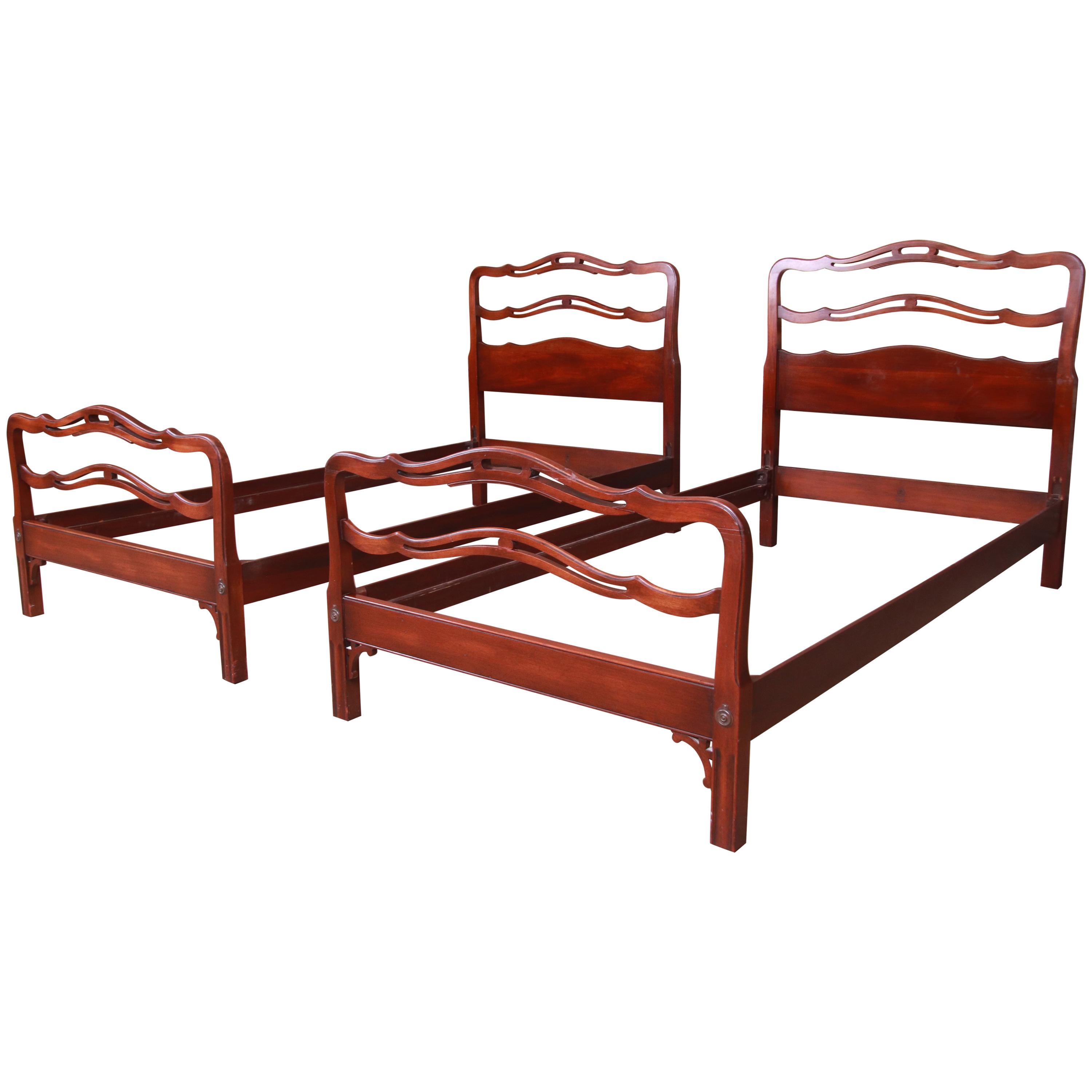 Kindel Furniture Chippendale Carved Mahogany Twin Beds, Pair