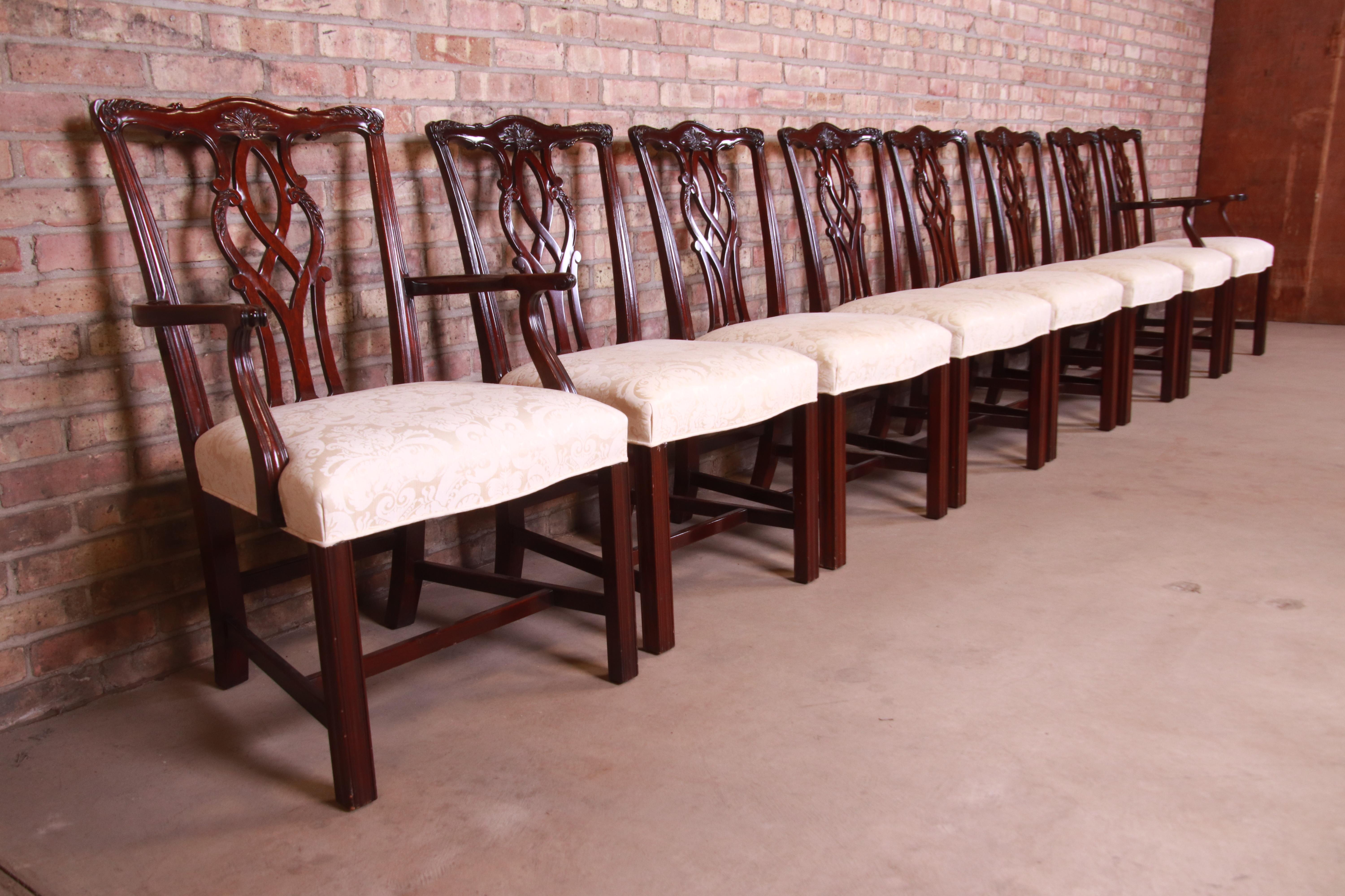 Upholstery Kindel Furniture Chippendale Mahogany Dining Chairs, Set of Eight