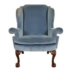 Kindel Furniture Chippendale Mahogany Velvet Upholstered Wingback Lounge Chair