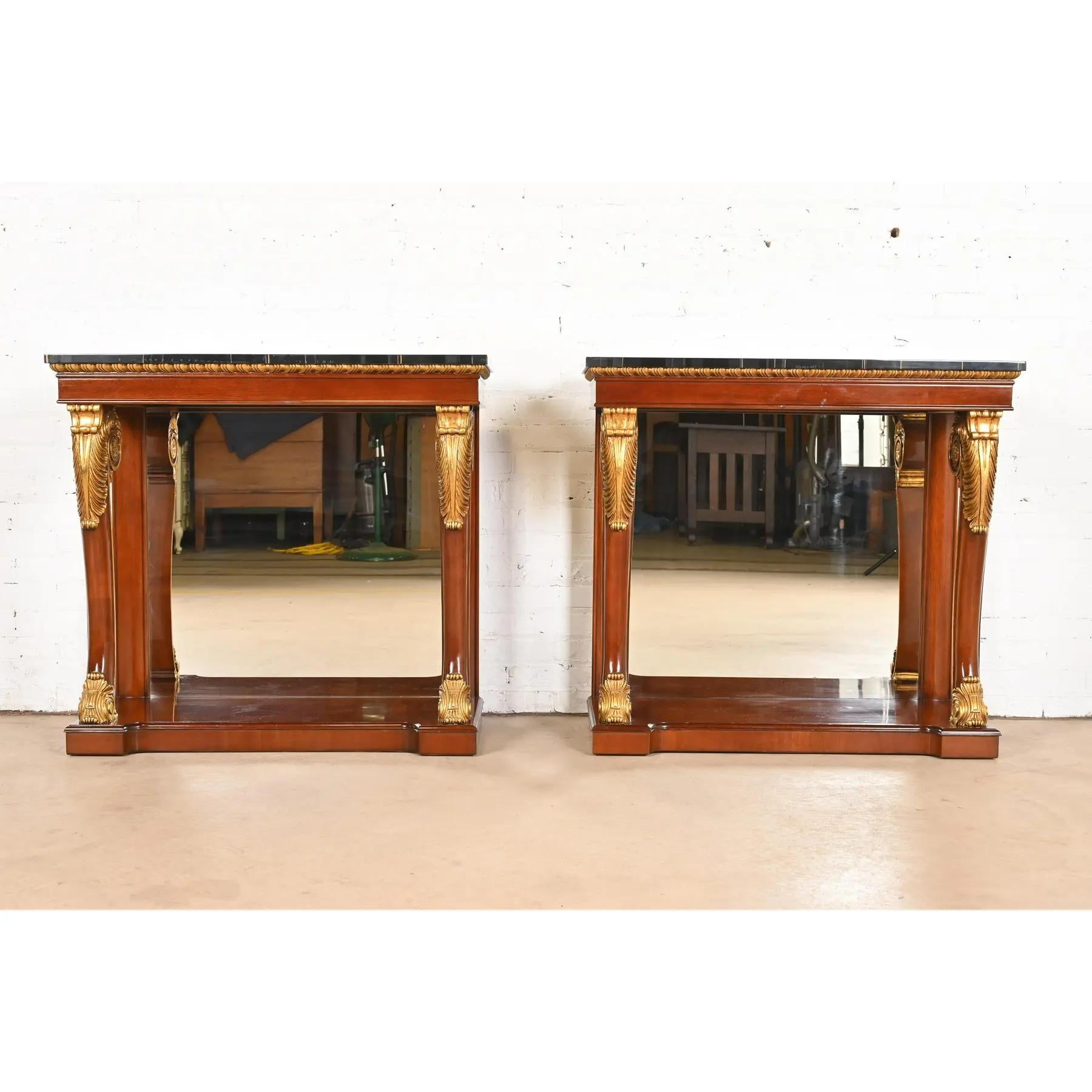 American Kindel Furniture Empire Carved Mahogany and Gold Gilt Console Tables, Pair For Sale