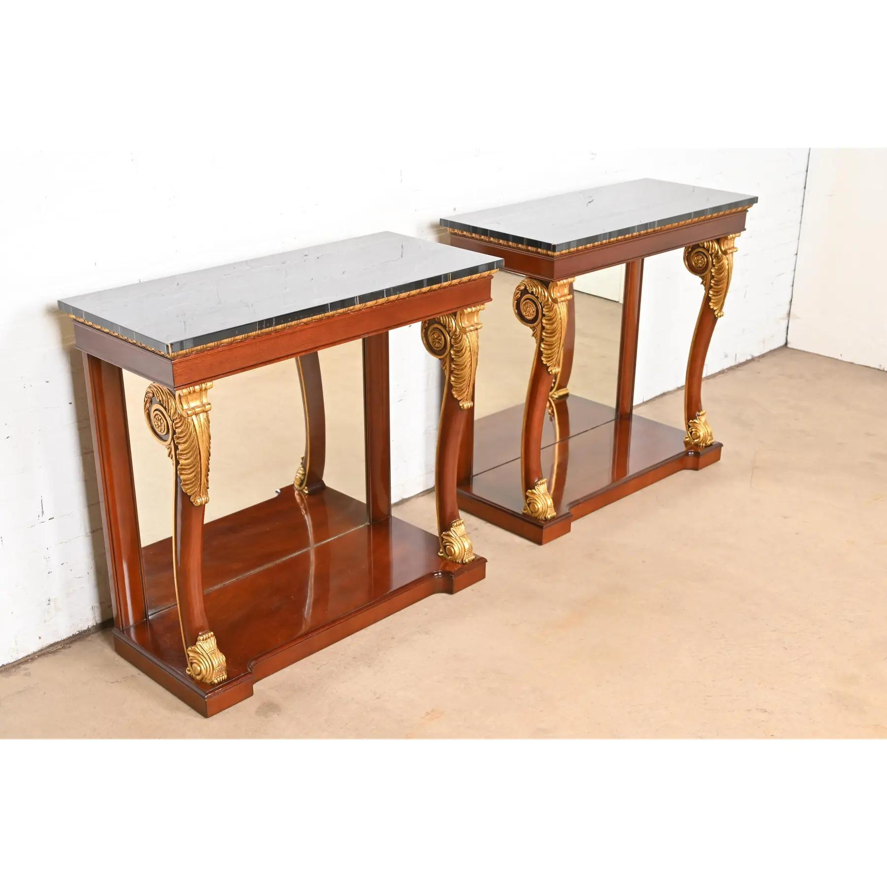 Late 20th Century Kindel Furniture Empire Carved Mahogany and Gold Gilt Console Tables, Pair For Sale