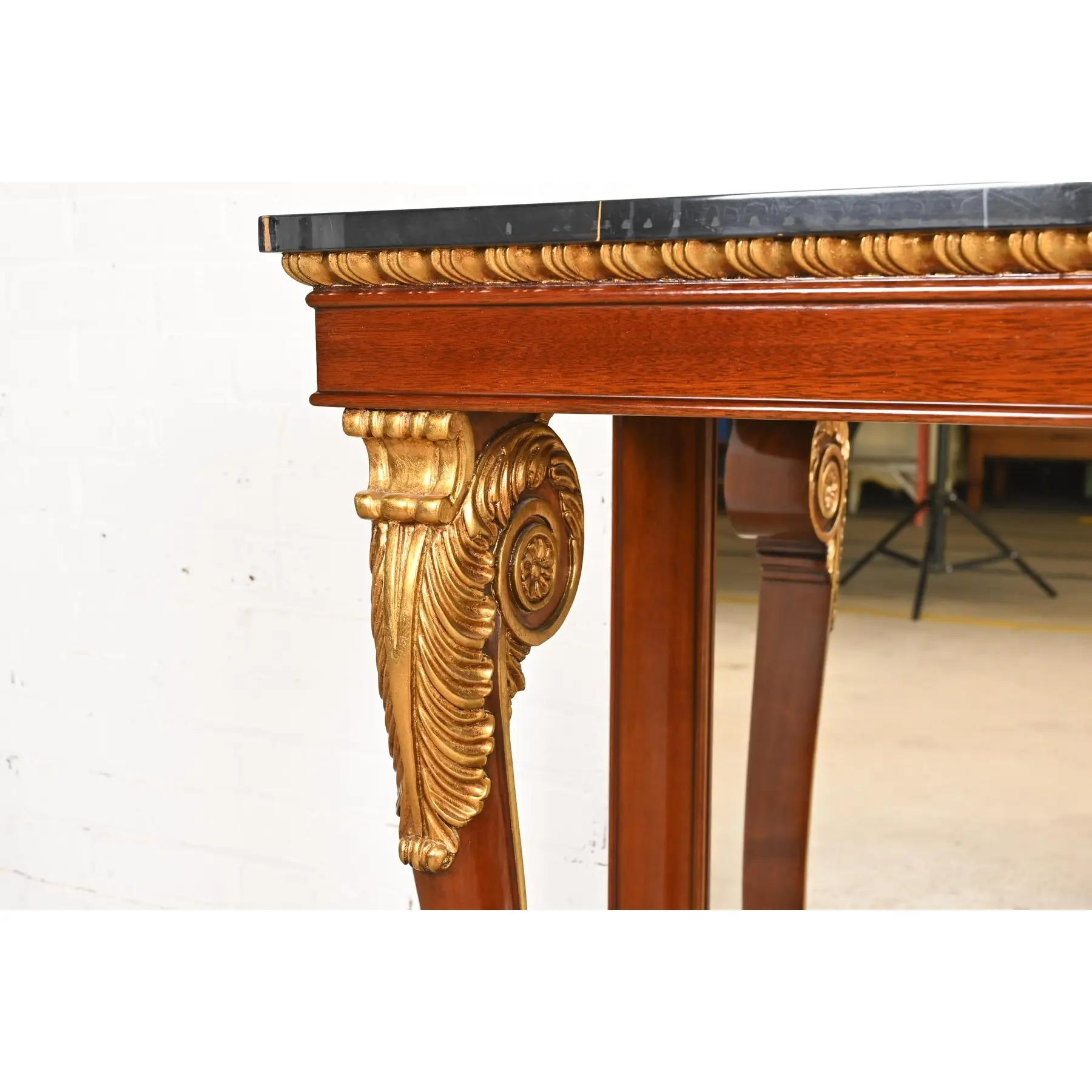 Mirror Kindel Furniture Empire Carved Mahogany and Gold Gilt Console Tables, Pair For Sale