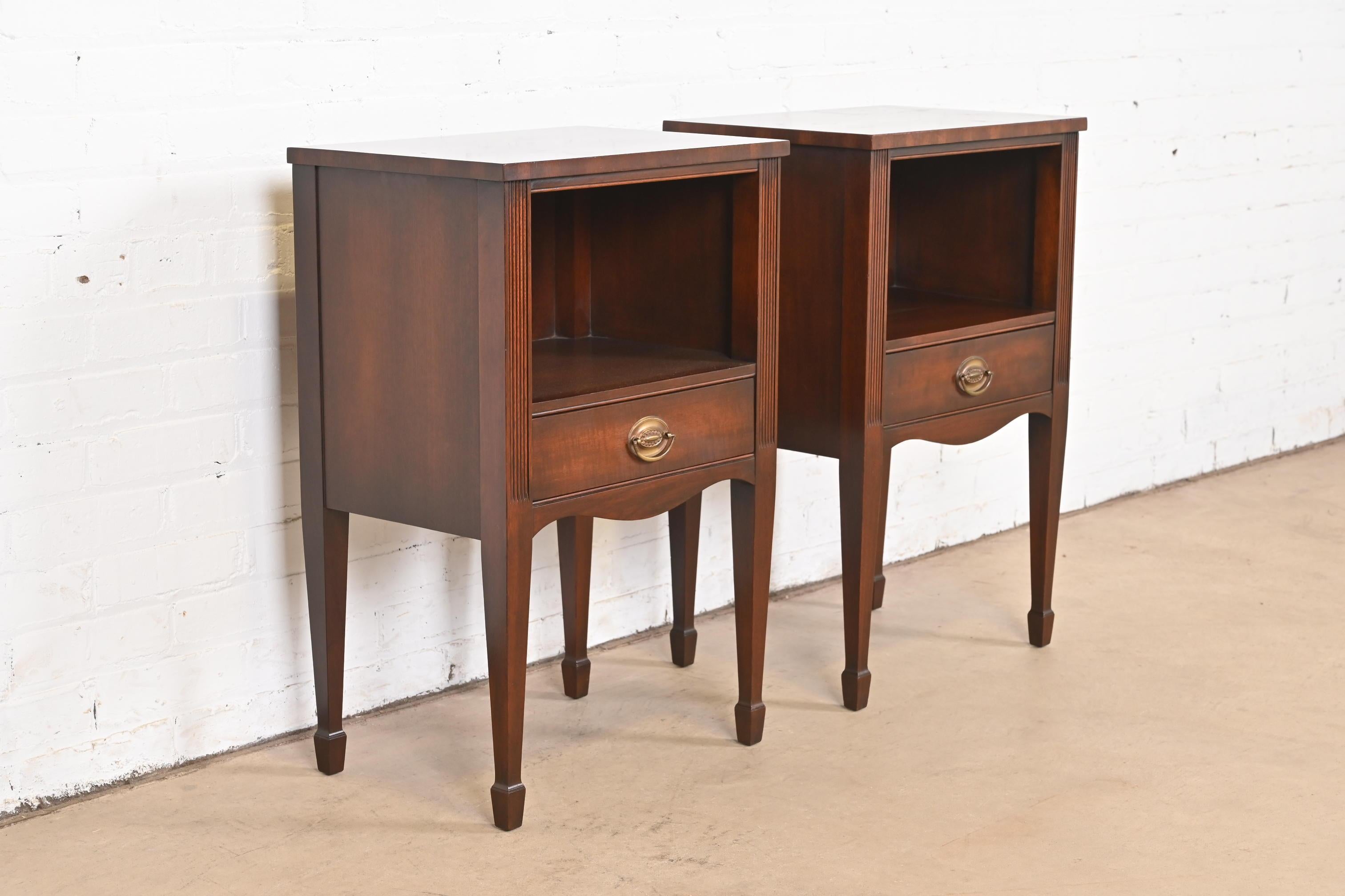 Brass Kindel Furniture Federal Carved Mahogany Nightstands, Pair
