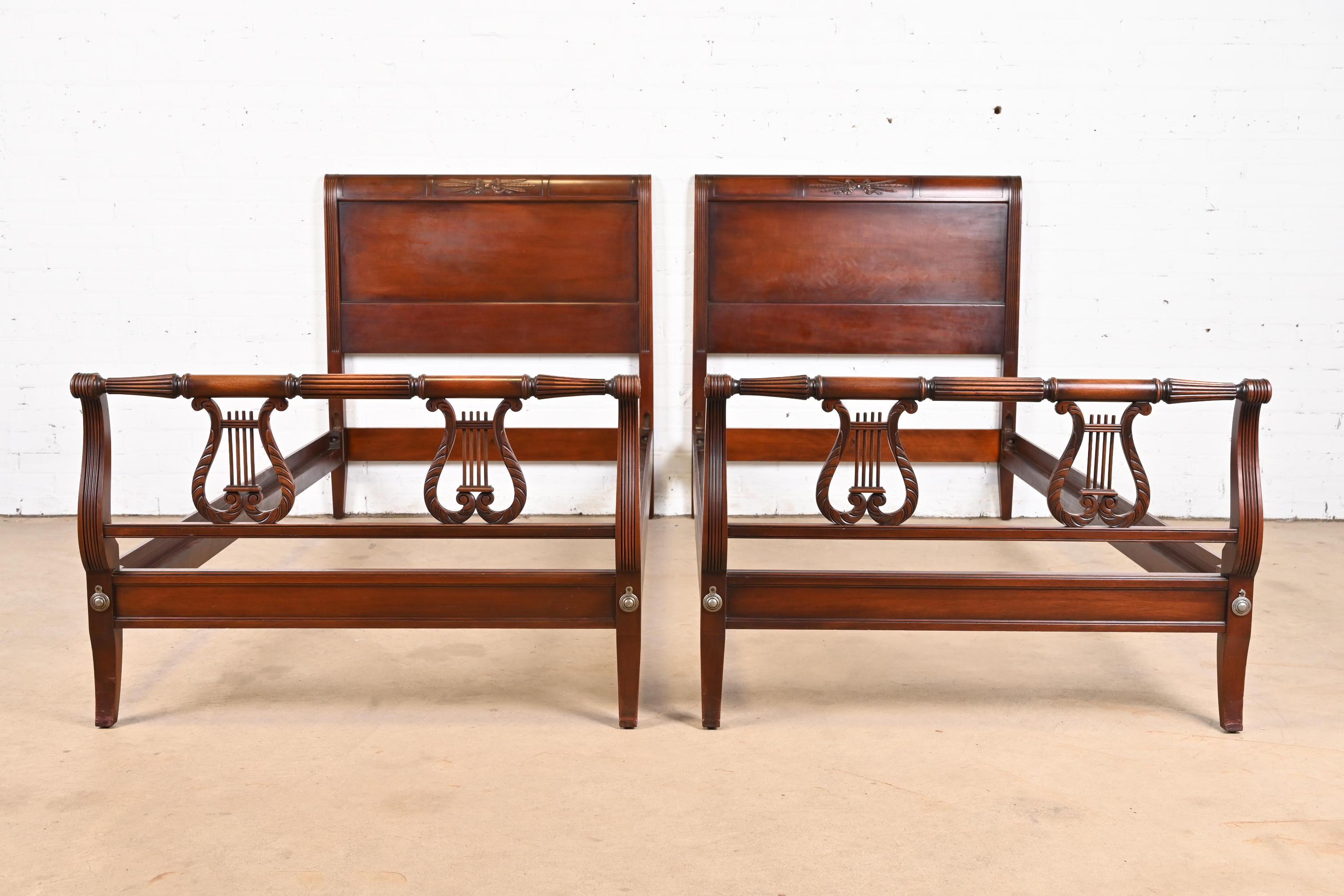 American Kindel Furniture Federal Carved Mahogany Twin Beds, Circa 1960s