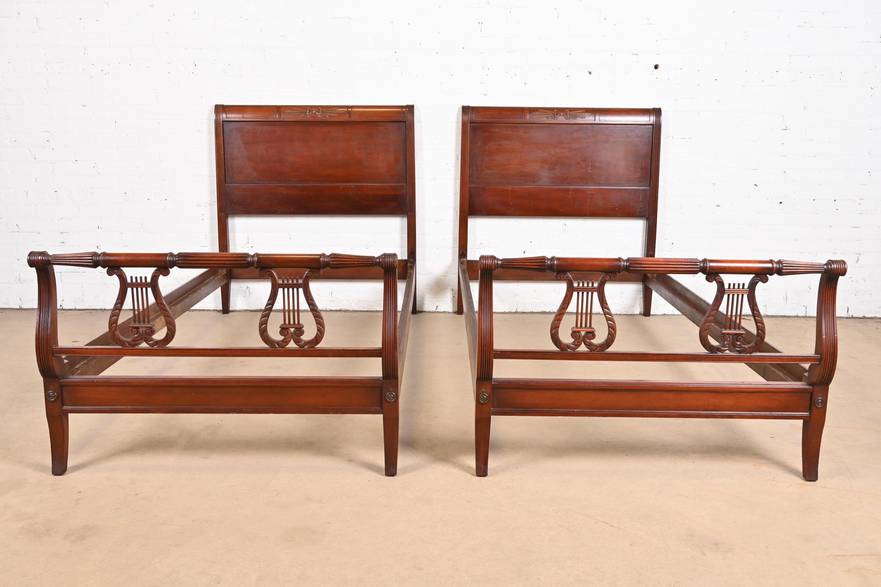 American Kindel Furniture Federal Carved Mahogany Twin Beds, Circa 1960s For Sale