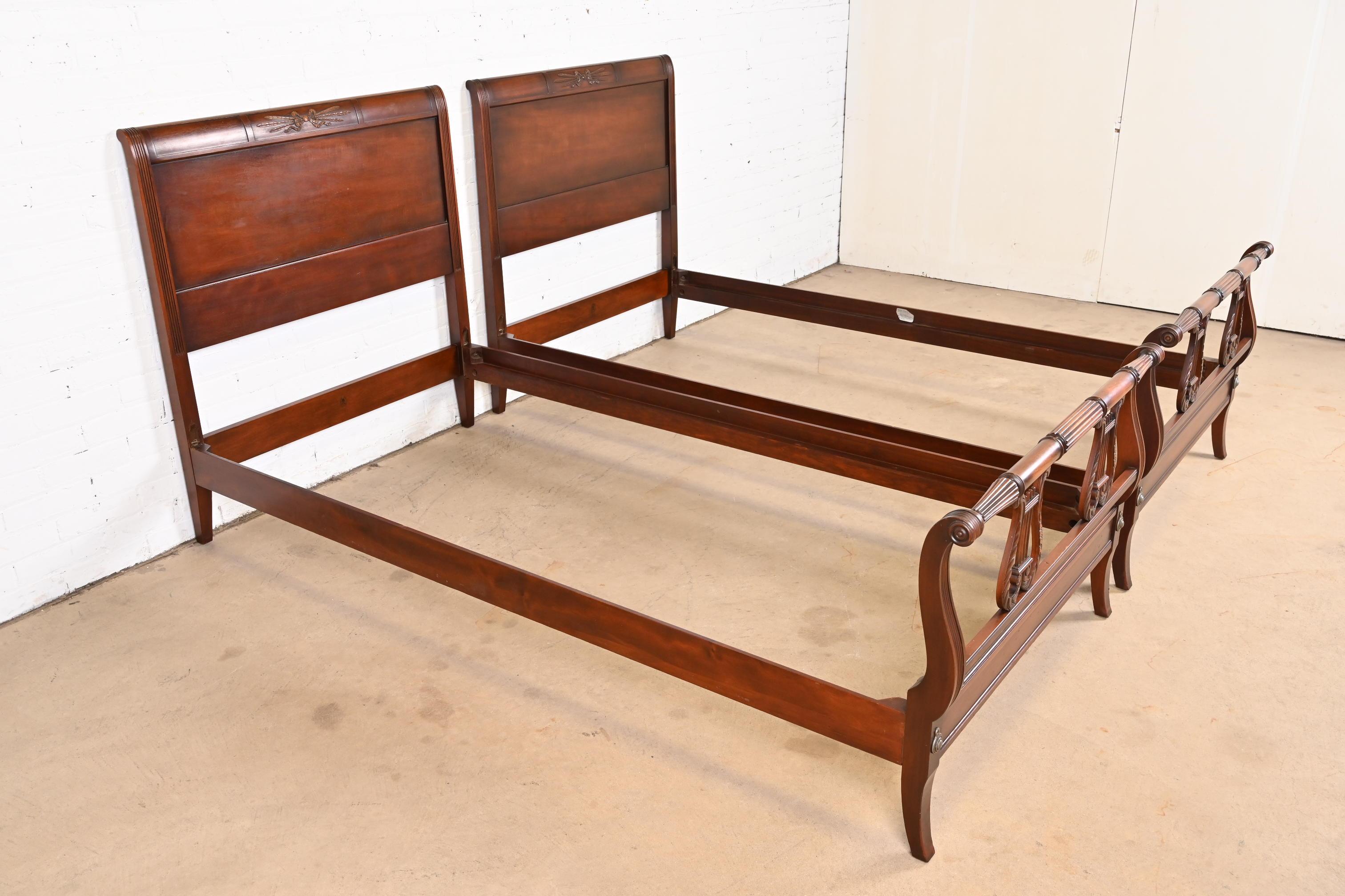 20th Century Kindel Furniture Federal Carved Mahogany Twin Beds, Circa 1960s
