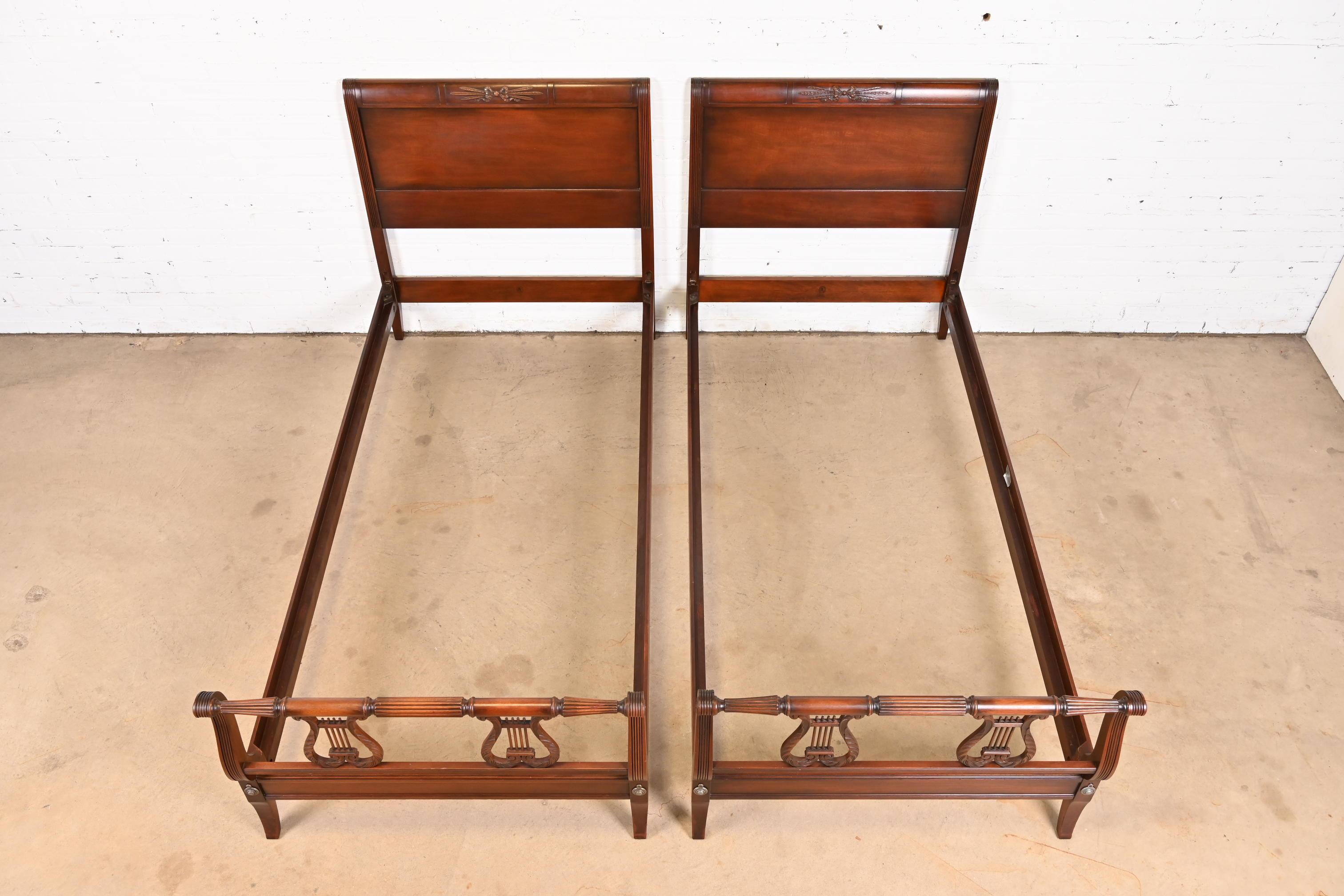 Kindel Furniture Federal Carved Mahogany Twin Beds, Circa 1960s 1