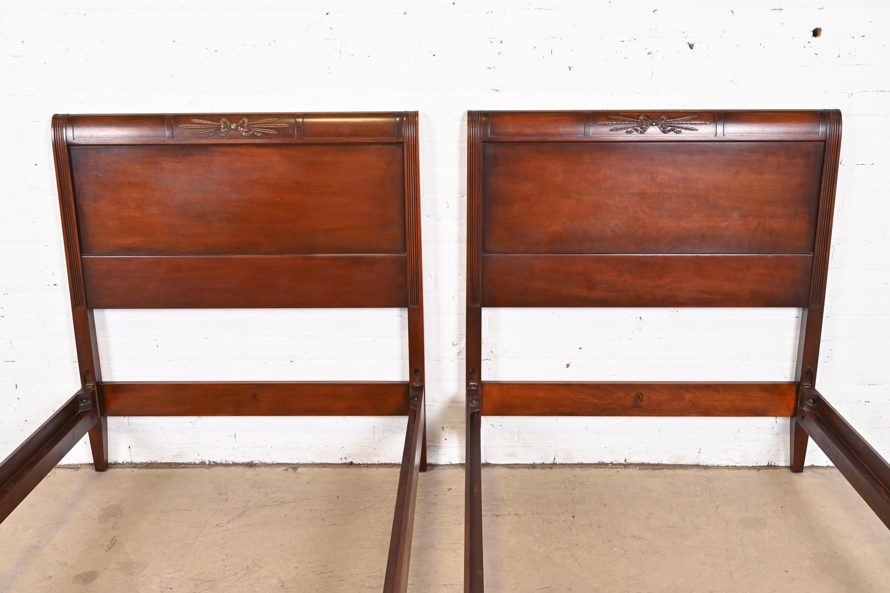 Kindel Furniture Federal Carved Mahogany Twin Beds, Circa 1960s 2