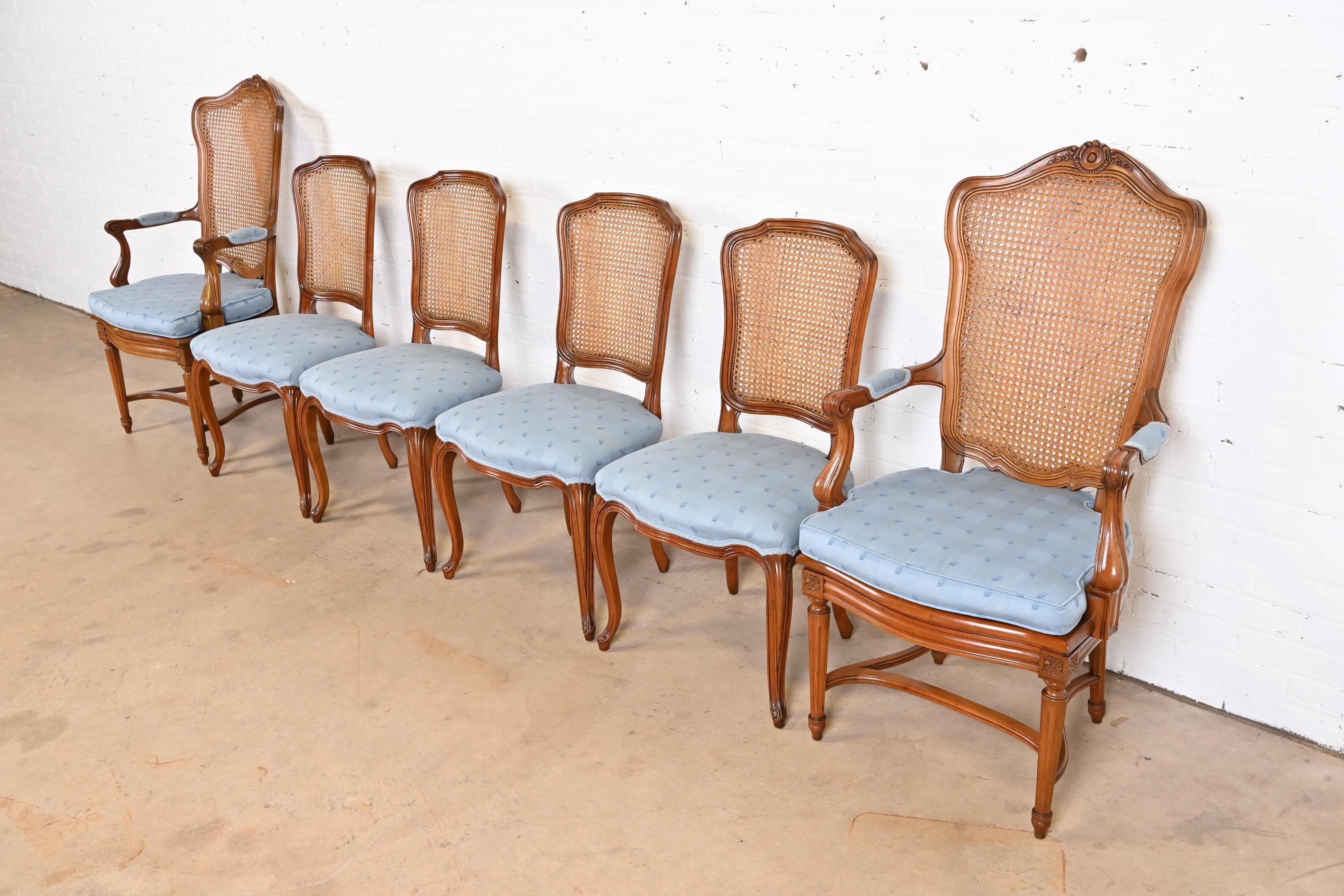 Kindel Furniture French Louis XVI Carved Cherry Wood Cane Back Dining Chairs In Good Condition For Sale In South Bend, IN