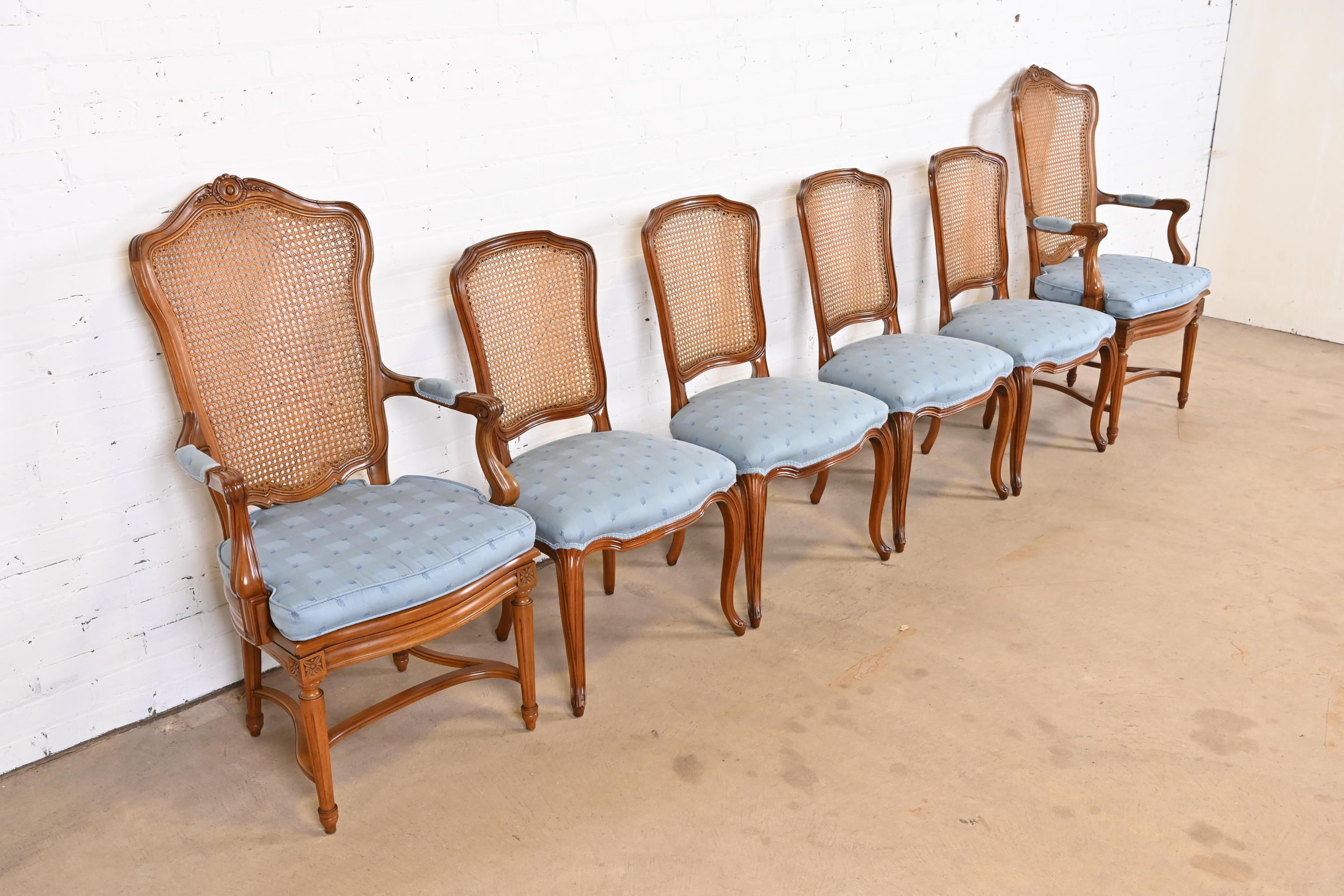 Mid-20th Century Kindel Furniture French Louis XVI Carved Cherry Wood Cane Back Dining Chairs For Sale