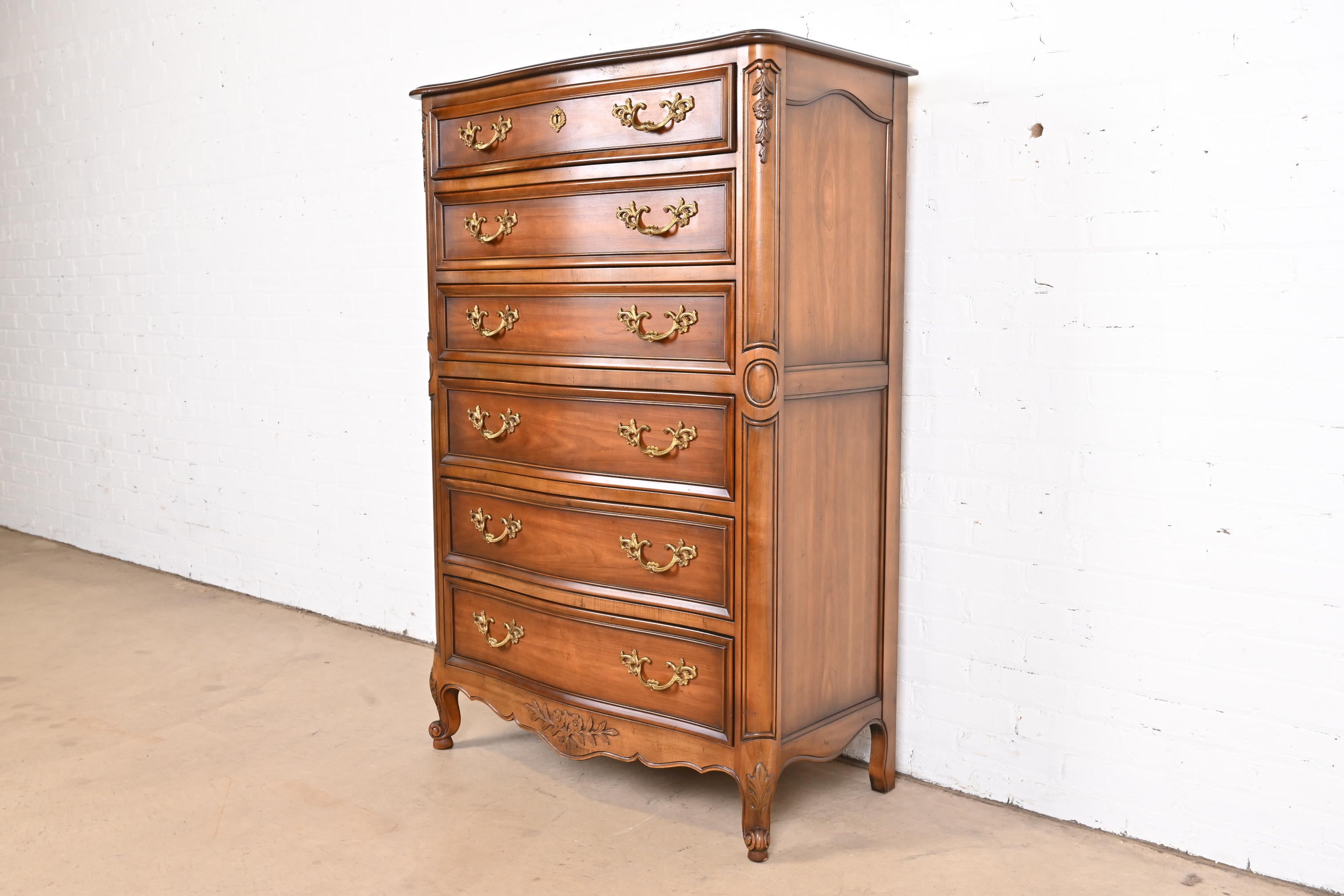 American Kindel Furniture French Provincial Louis XV Carved Cherry Wood Highboy Dresser