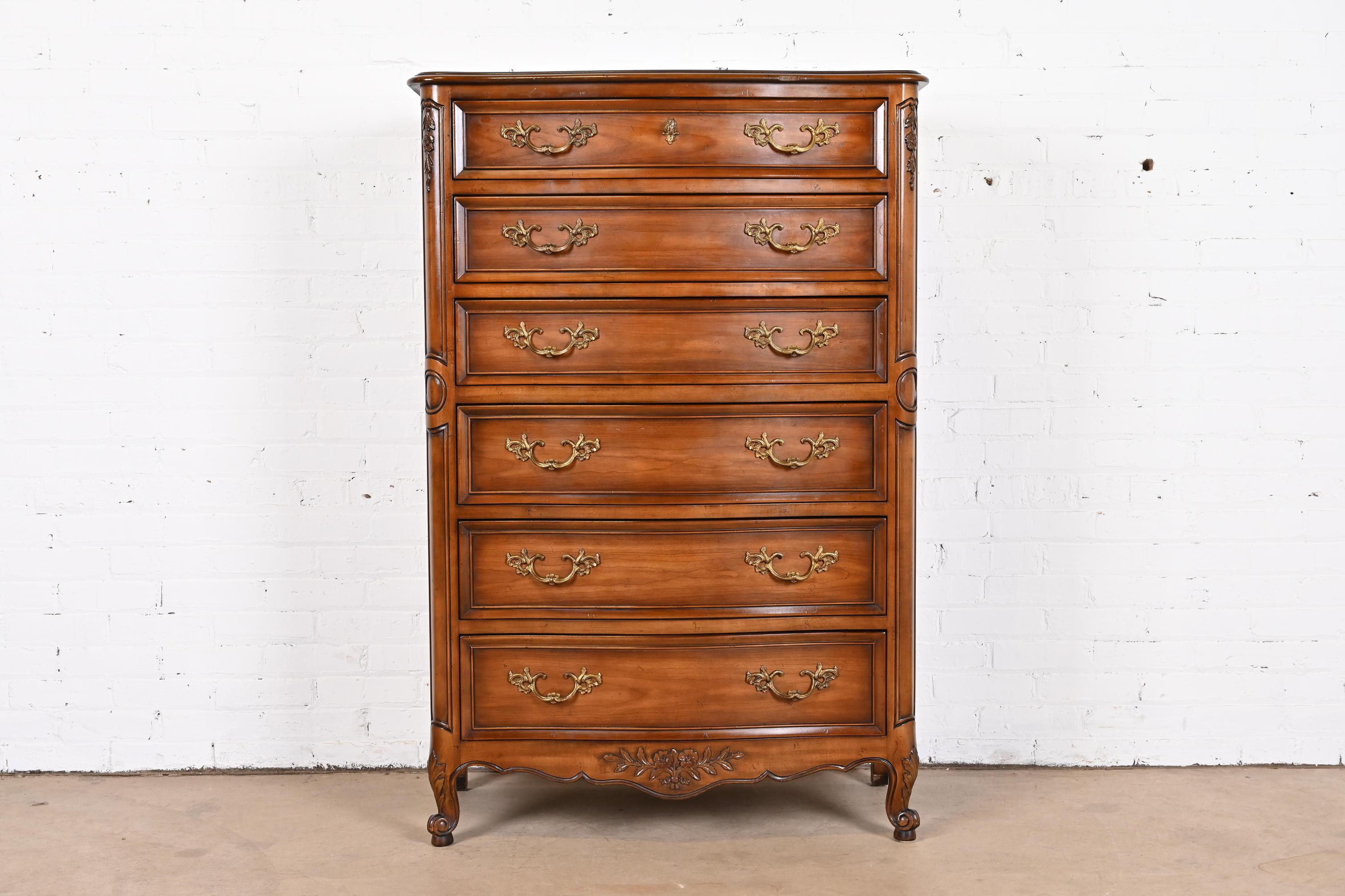 American Kindel Furniture French Provincial Louis XV Carved Cherry Wood Highboy Dresser