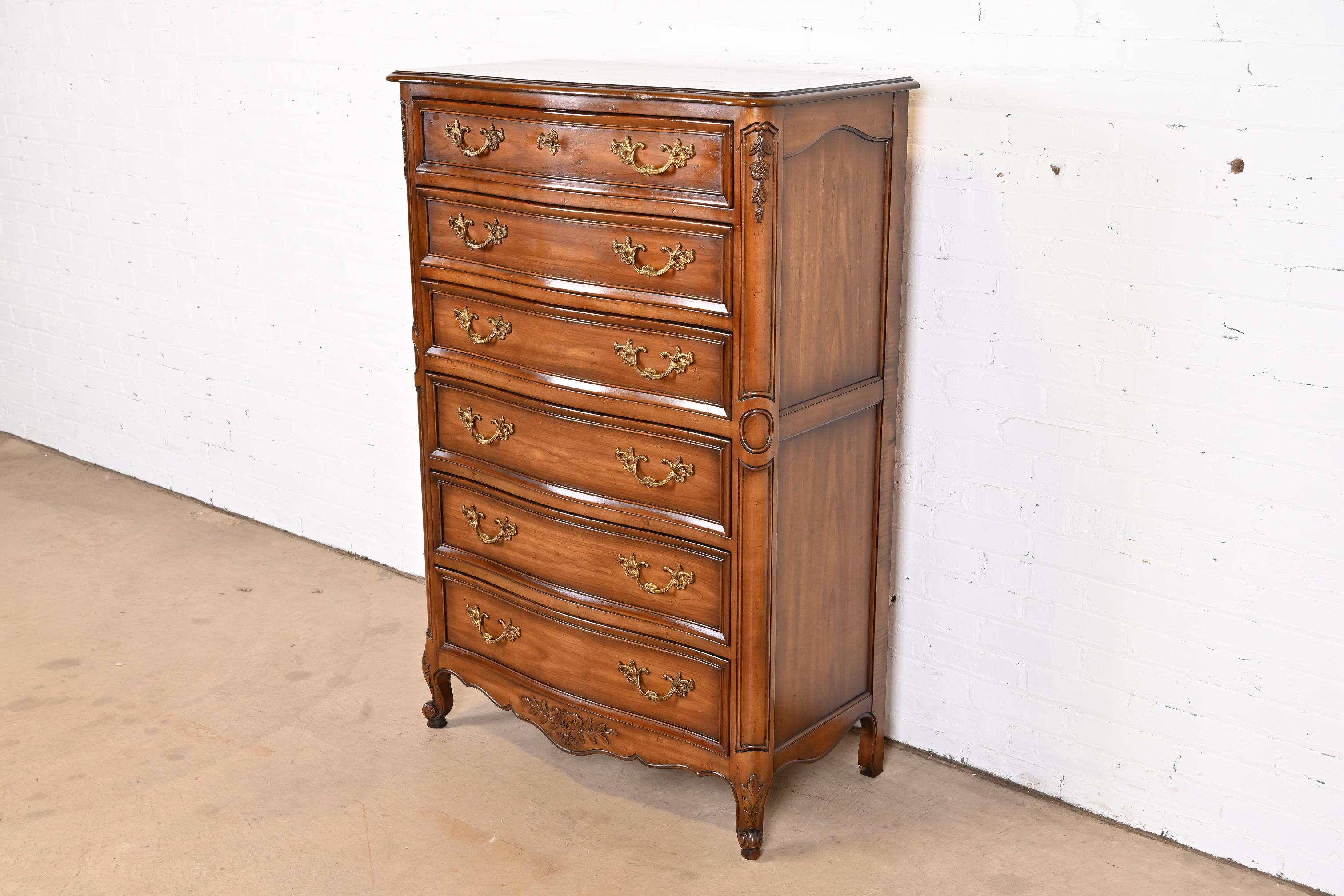 Kindel Furniture French Provincial Louis XV Carved Cherry Wood Highboy Dresser In Good Condition In South Bend, IN
