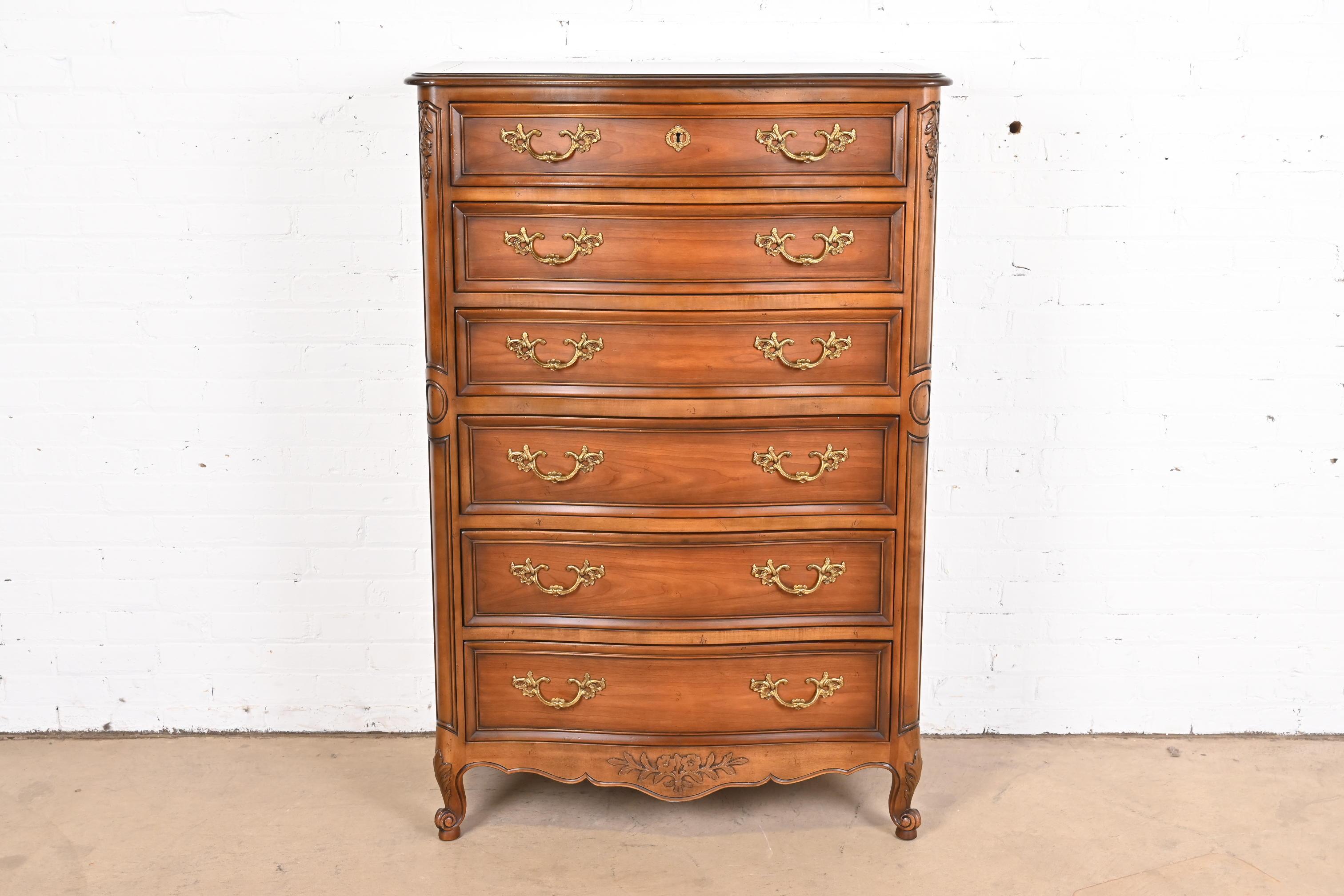 Kindel Furniture French Provincial Louis XV Carved Cherry Wood Highboy Dresser In Good Condition In South Bend, IN