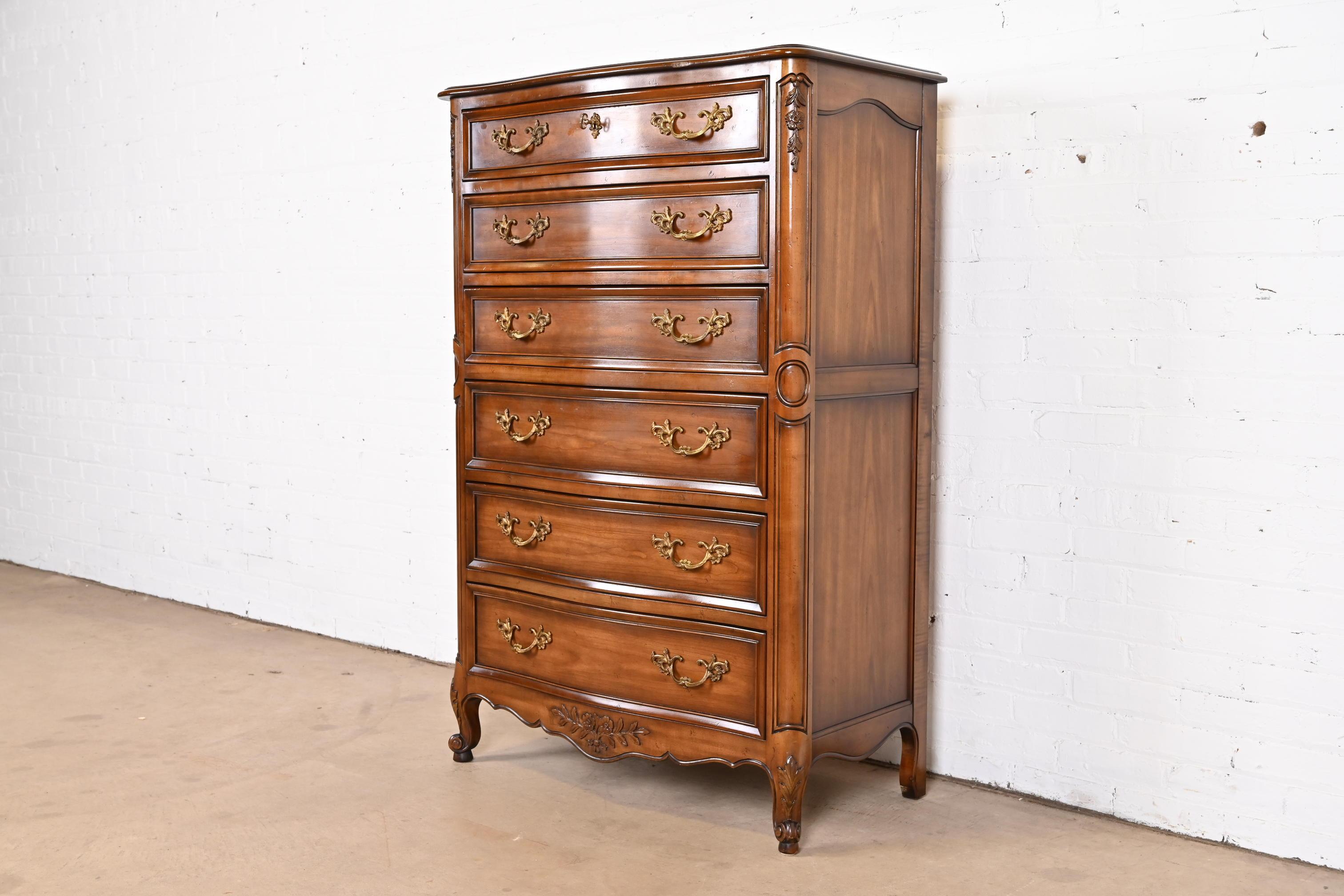 20th Century Kindel Furniture French Provincial Louis XV Carved Cherry Wood Highboy Dresser