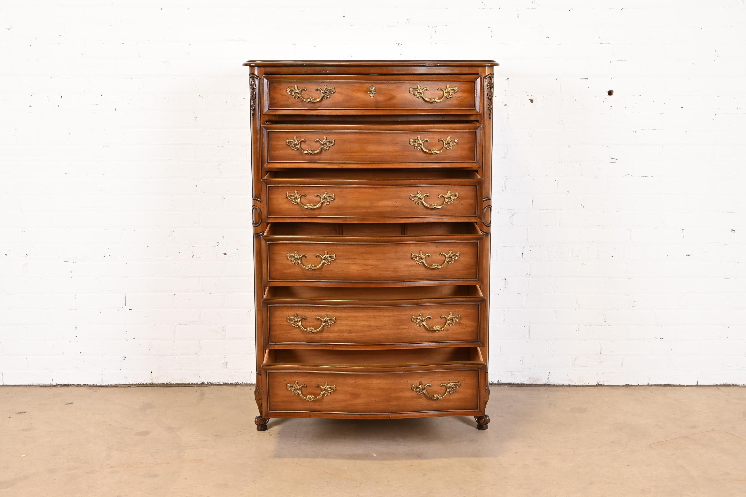 Brass Kindel Furniture French Provincial Louis XV Carved Cherry Wood Highboy Dresser