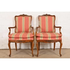 Kindel Furniture French Provincial Louis XV Carved Walnut Armchairs, Pair