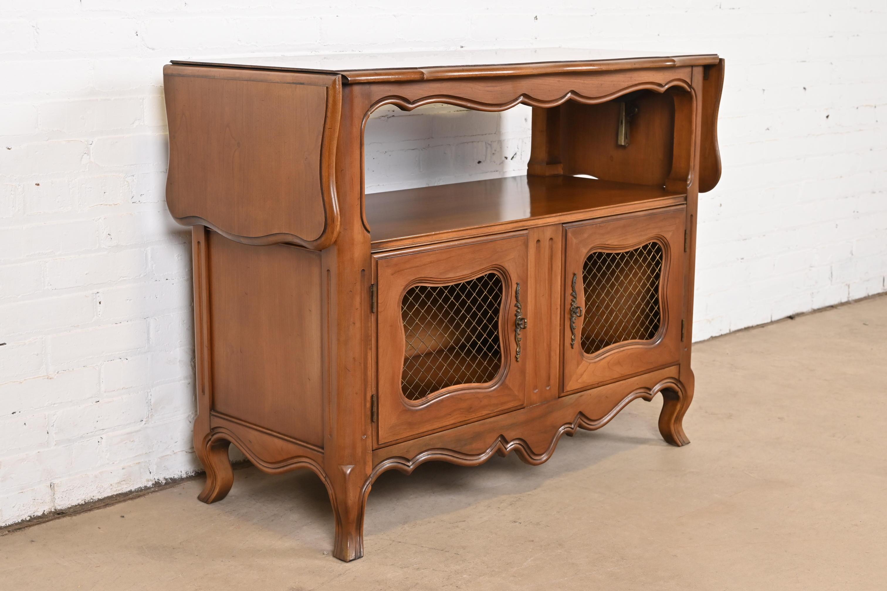 Brass Kindel Furniture French Provincial Louis XV Cherry Wood Server or Bar Cabinet For Sale