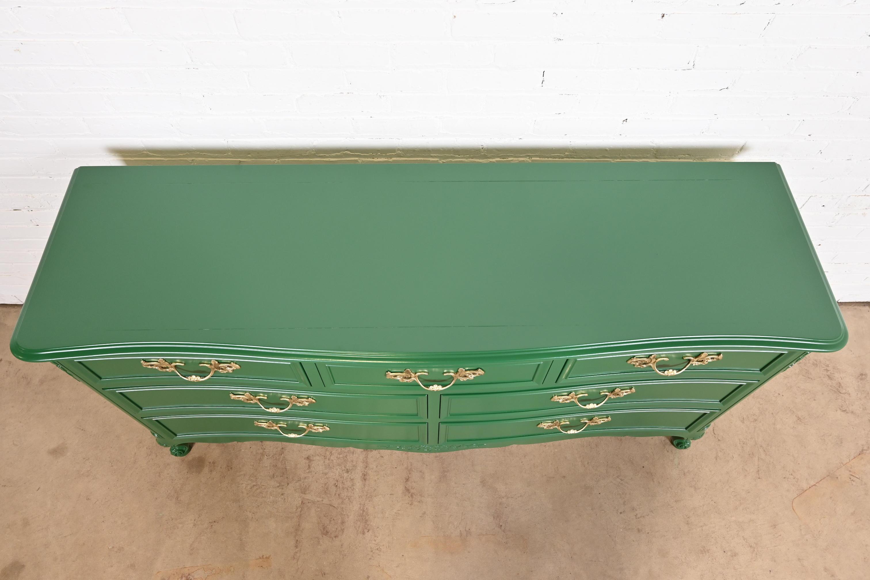 Kindel Furniture French Provincial Louis XV Green Lacquered Dresser, Refinished For Sale 4