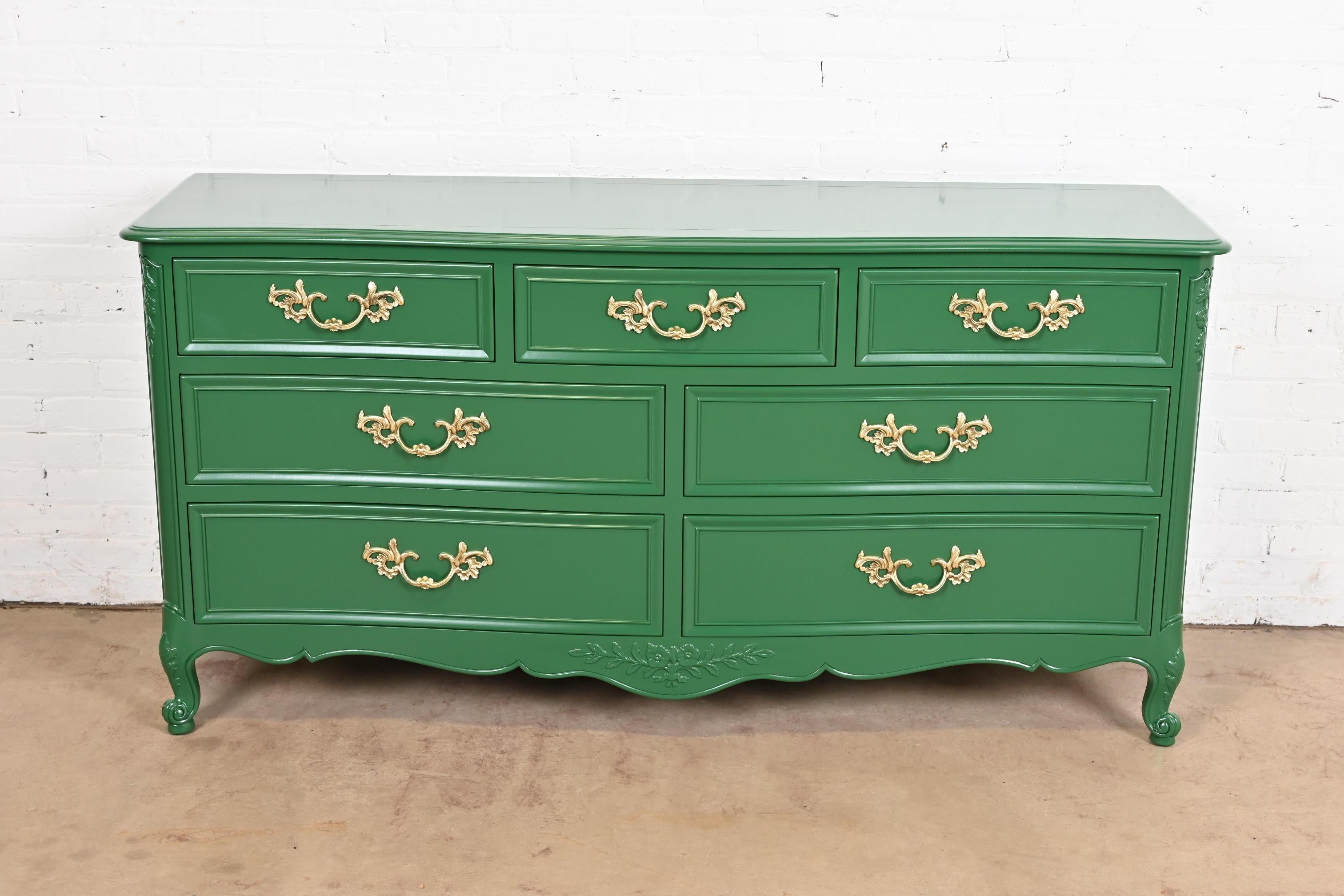 American Kindel Furniture French Provincial Louis XV Green Lacquered Dresser, Refinished For Sale