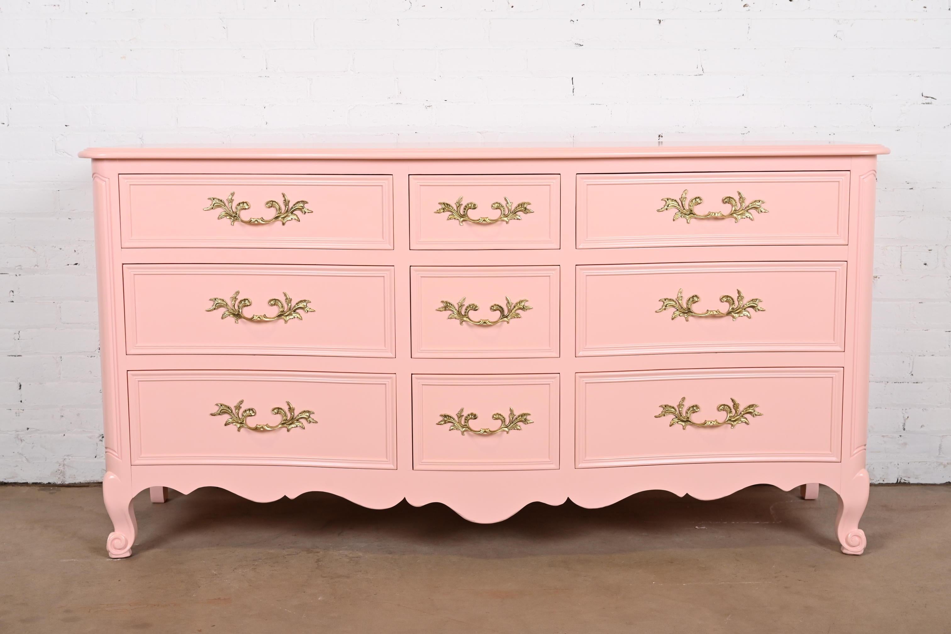 American Kindel Furniture French Provincial Louis XV Pink Lacquered Dresser, Refinished For Sale