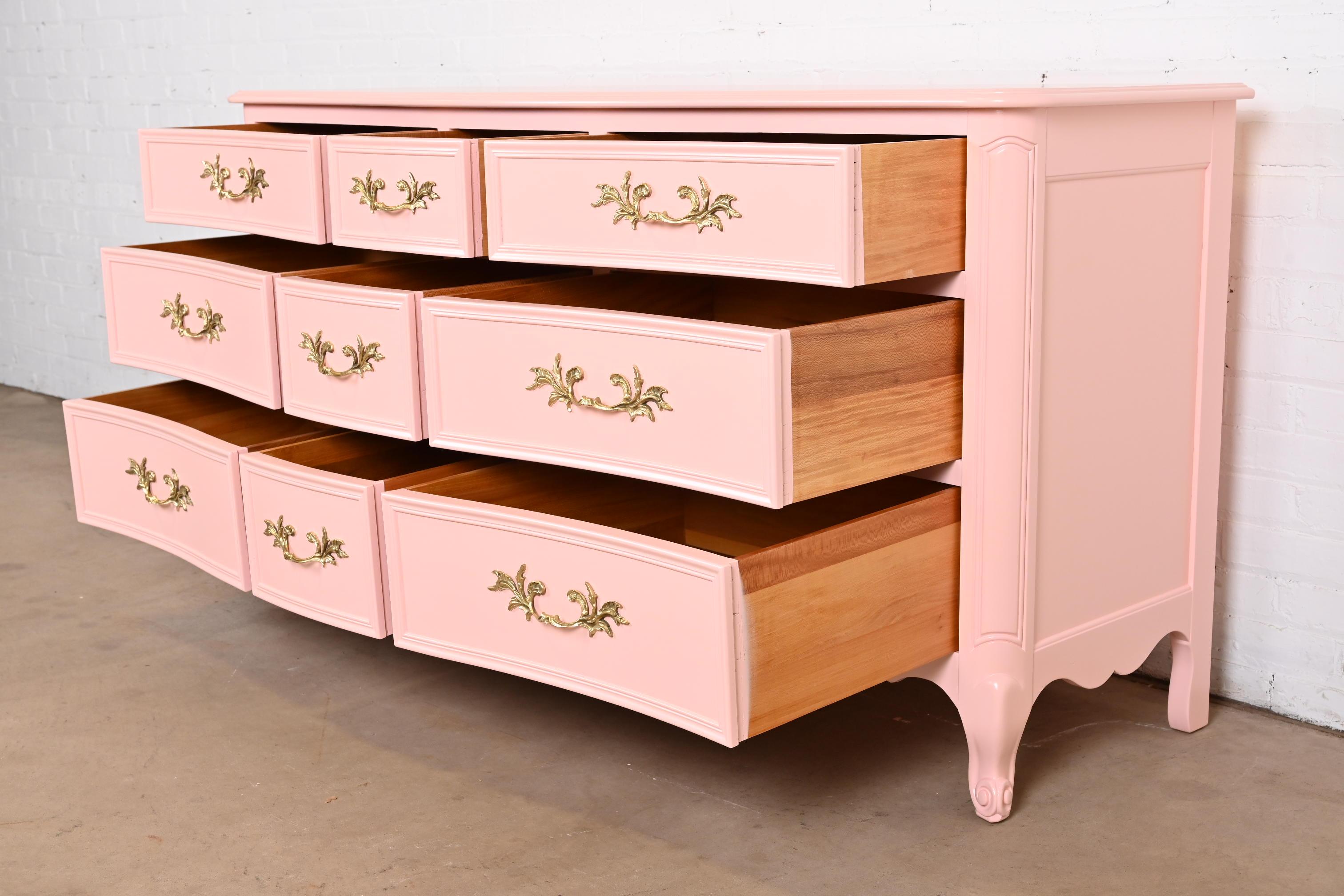 Brass Kindel Furniture French Provincial Louis XV Pink Lacquered Dresser, Refinished For Sale