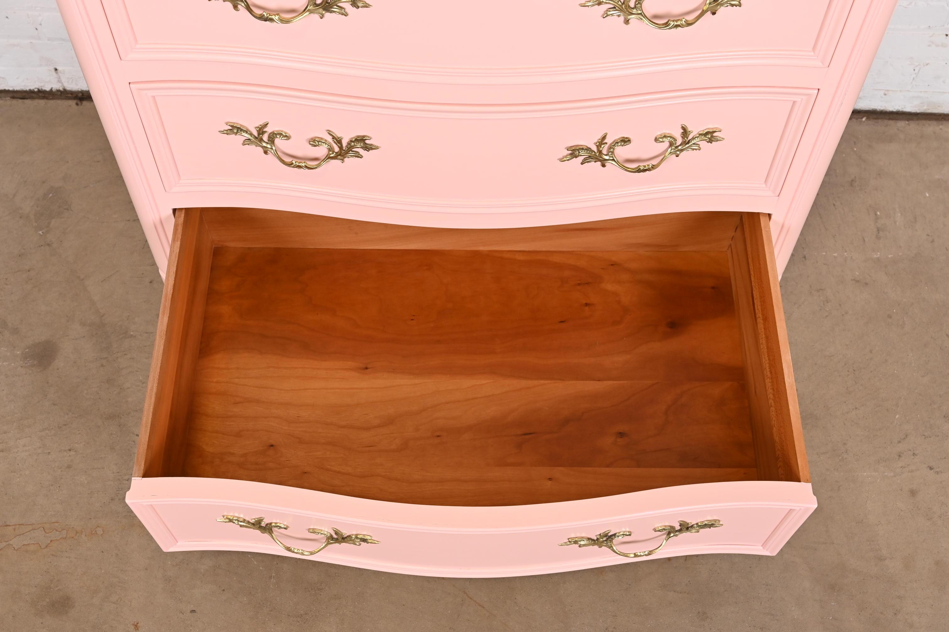 Kindel Furniture French Provincial Louis XV Pink Lacquered Highboy Dresser For Sale 4