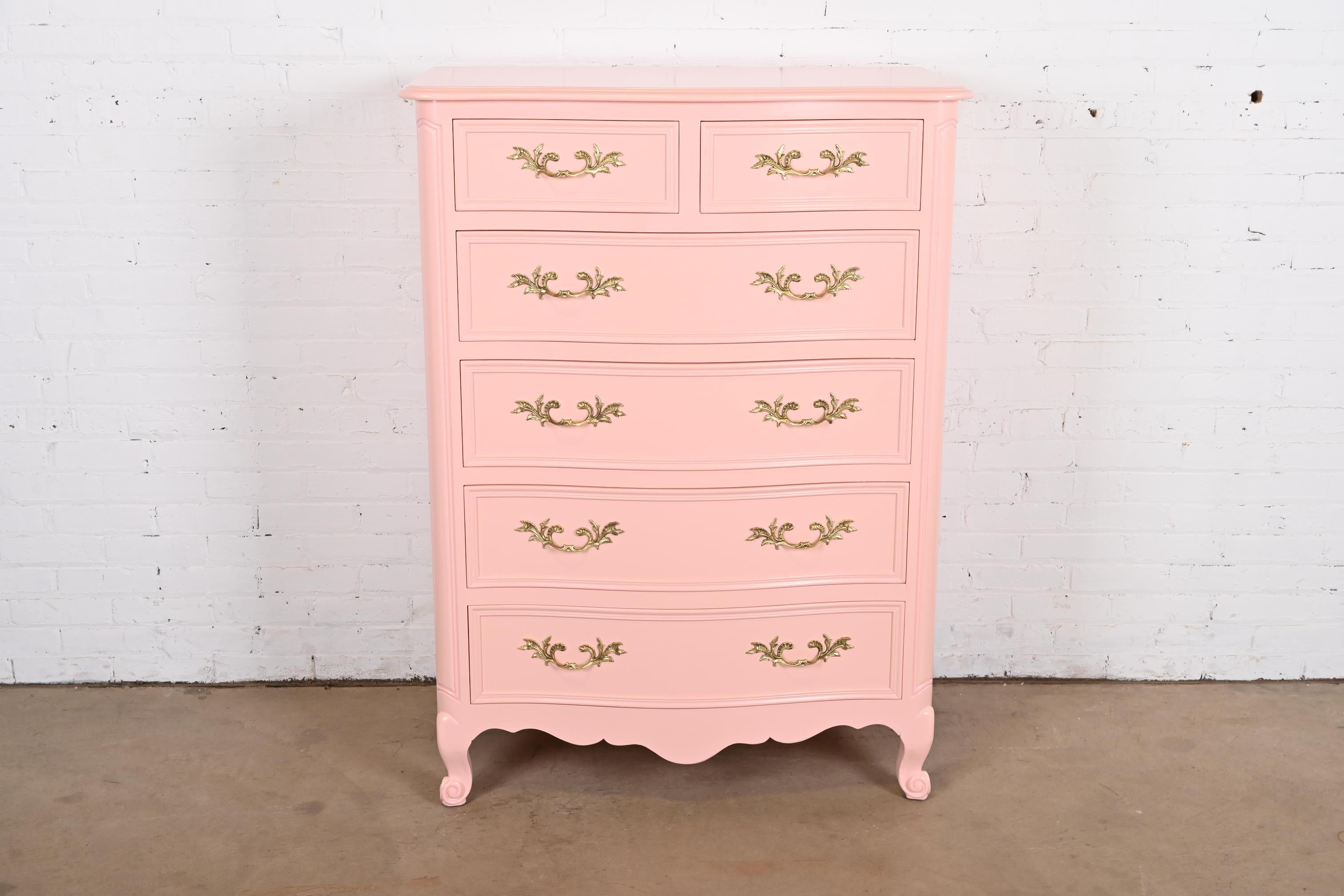 American Kindel Furniture French Provincial Louis XV Pink Lacquered Highboy Dresser For Sale