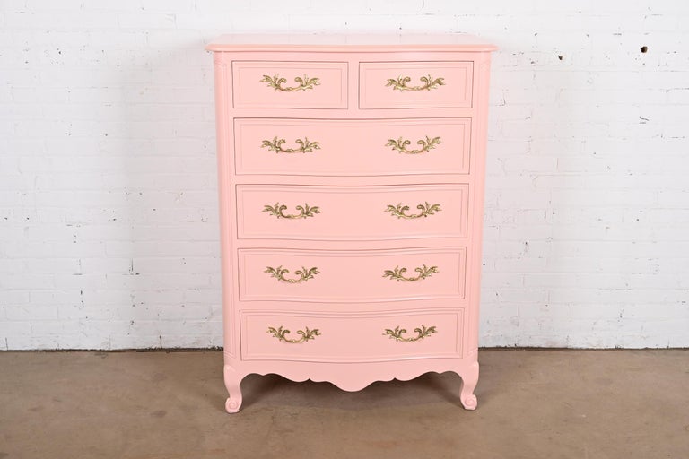Kindel Furniture French Provincial Louis XV Pink Lacquered Highboy Dresser  at 1stDibs | tall pink dresser, pink french provincial dresser