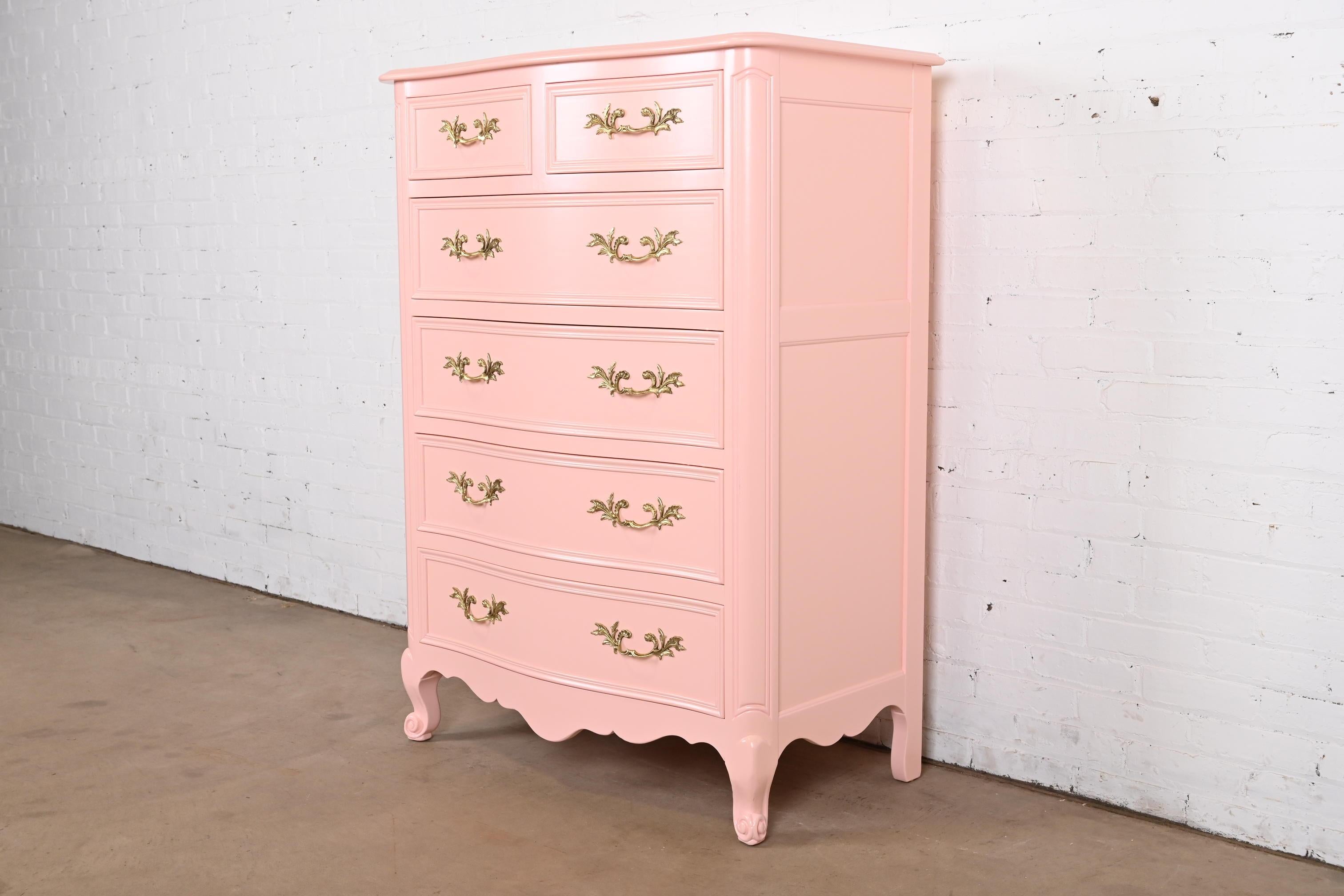 Kindel Furniture French Provincial Louis XV Pink Lacquered Highboy Dresser In Good Condition For Sale In South Bend, IN