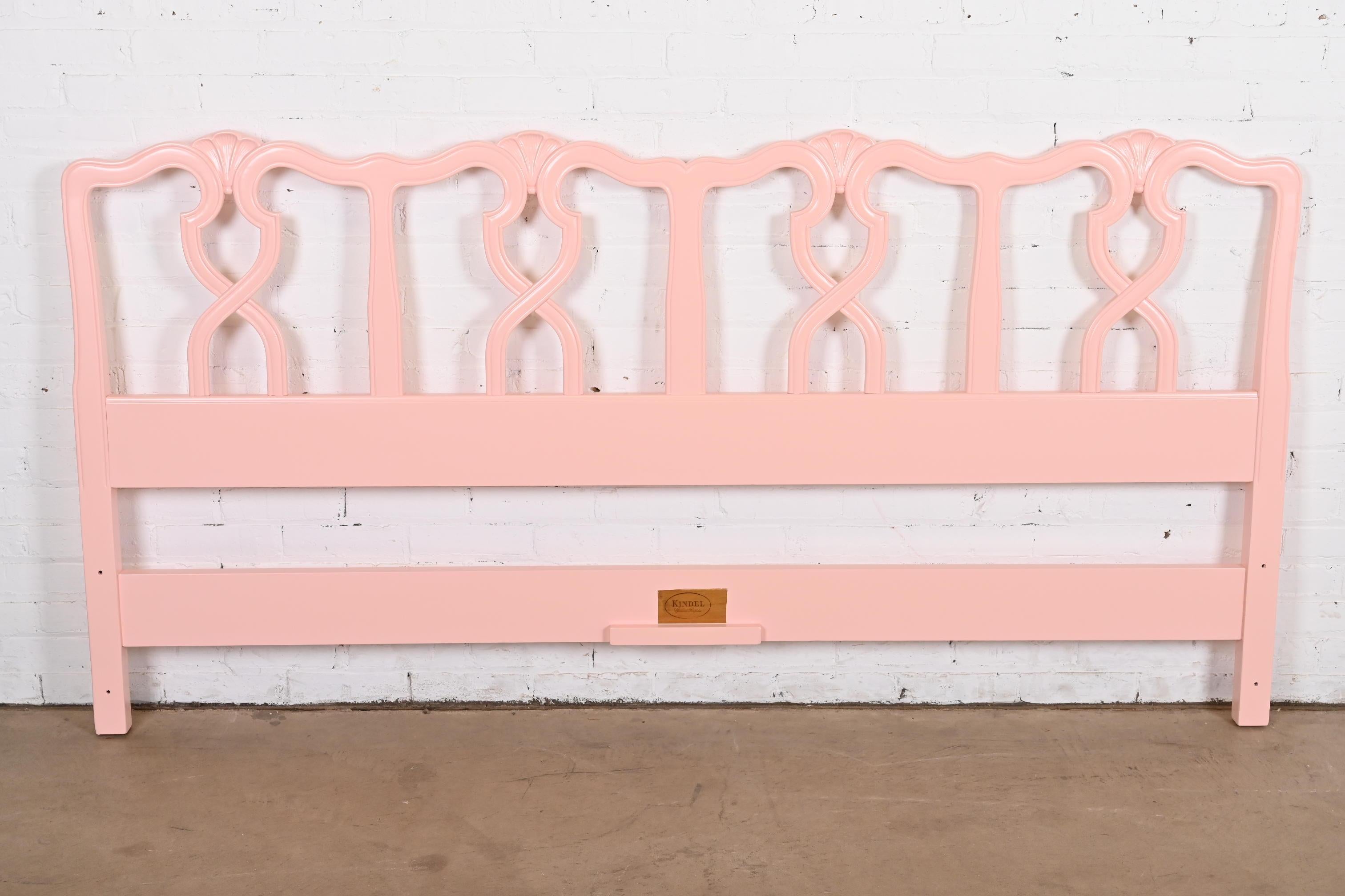 An exceptional French Provincial Louis XV style king size headboard

By Kindel Furniture

USA, Circa 1960s

Solid carved cherry wood, in beautiful pink lacquered finish.

Measures: 78.5
