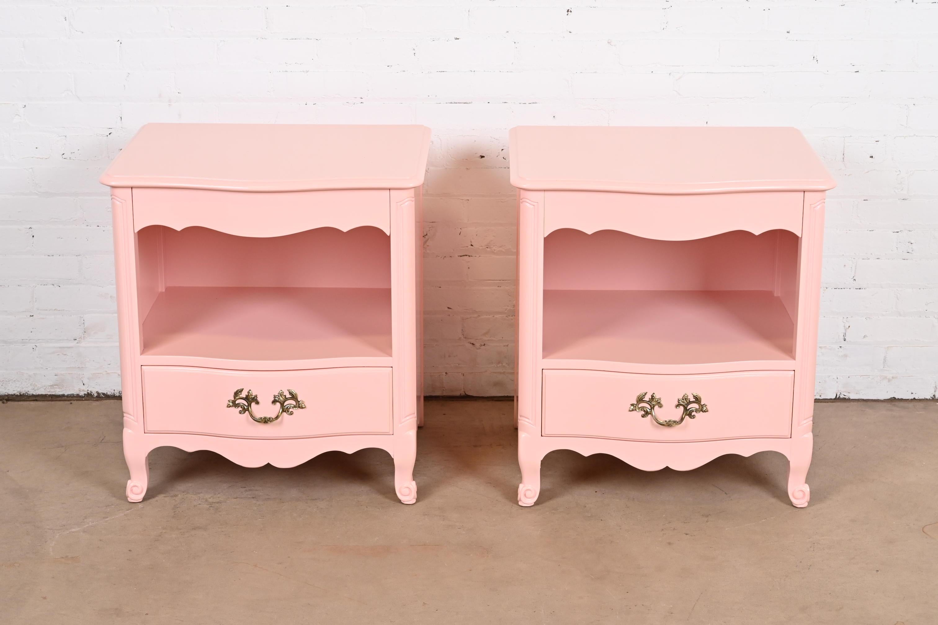 Mid-20th Century Kindel Furniture French Provincial Louis XV Pink Lacquered Nightstands, Pair