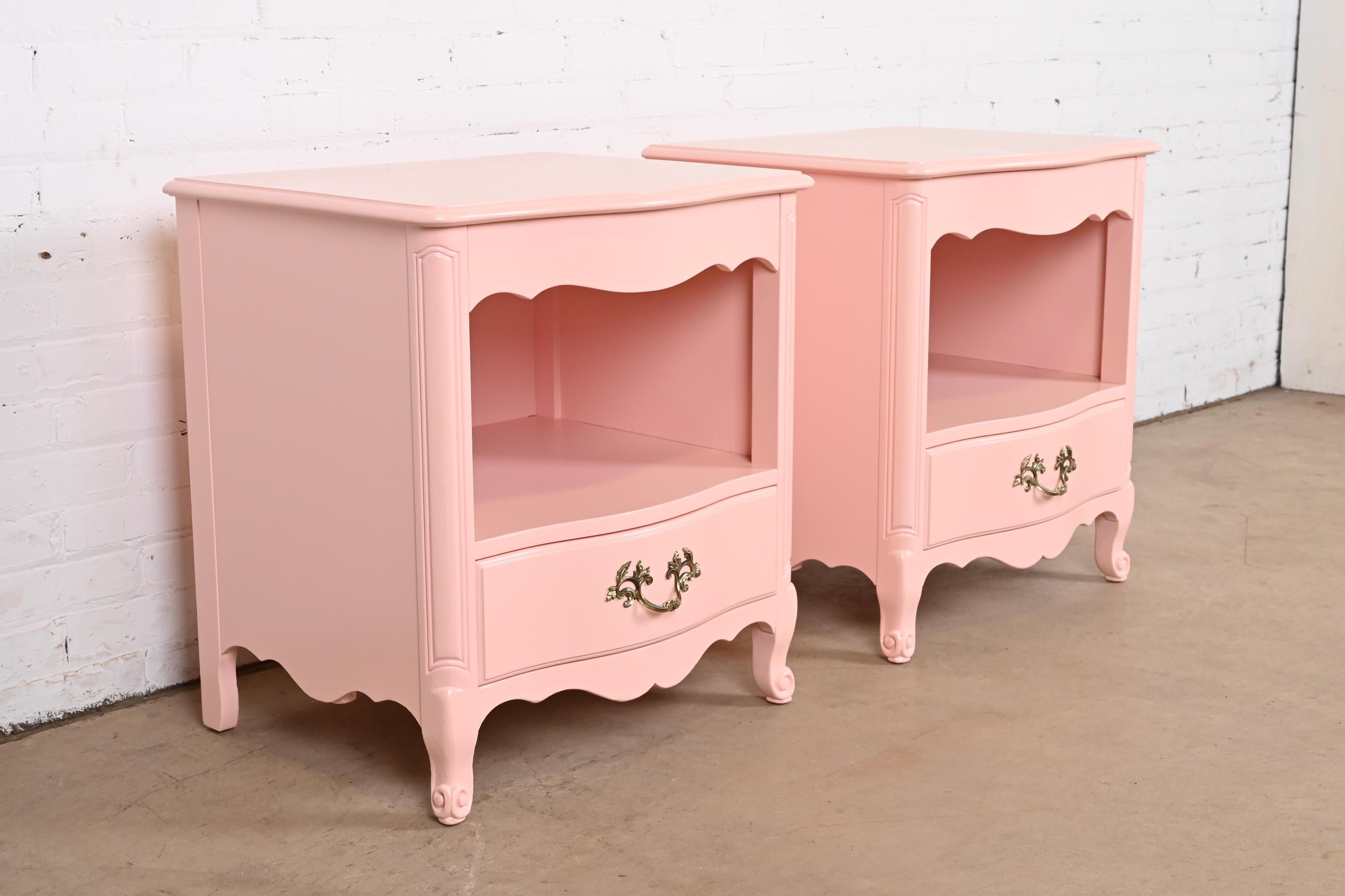 Brass Kindel Furniture French Provincial Louis XV Pink Lacquered Nightstands, Pair