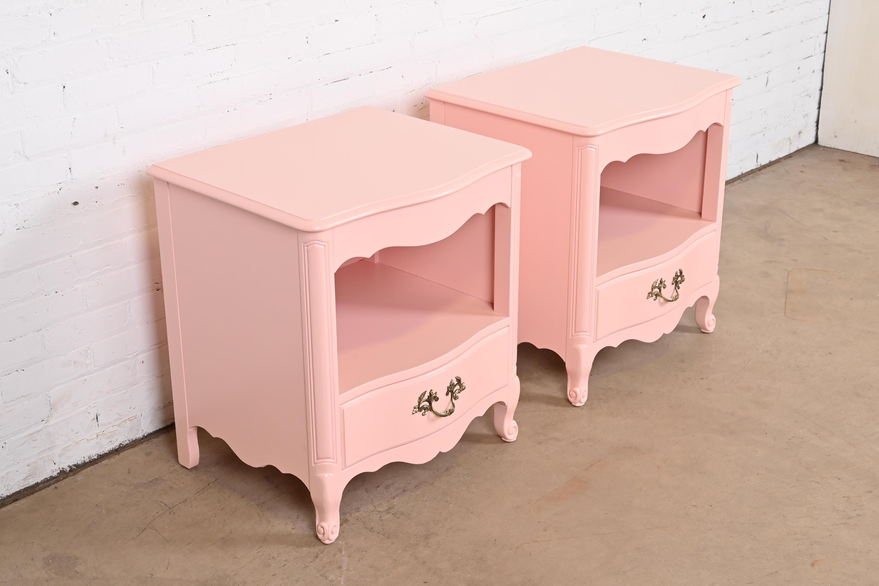 Kindel Furniture French Provincial Louis XV Pink Lacquered Nightstands, Pair 1