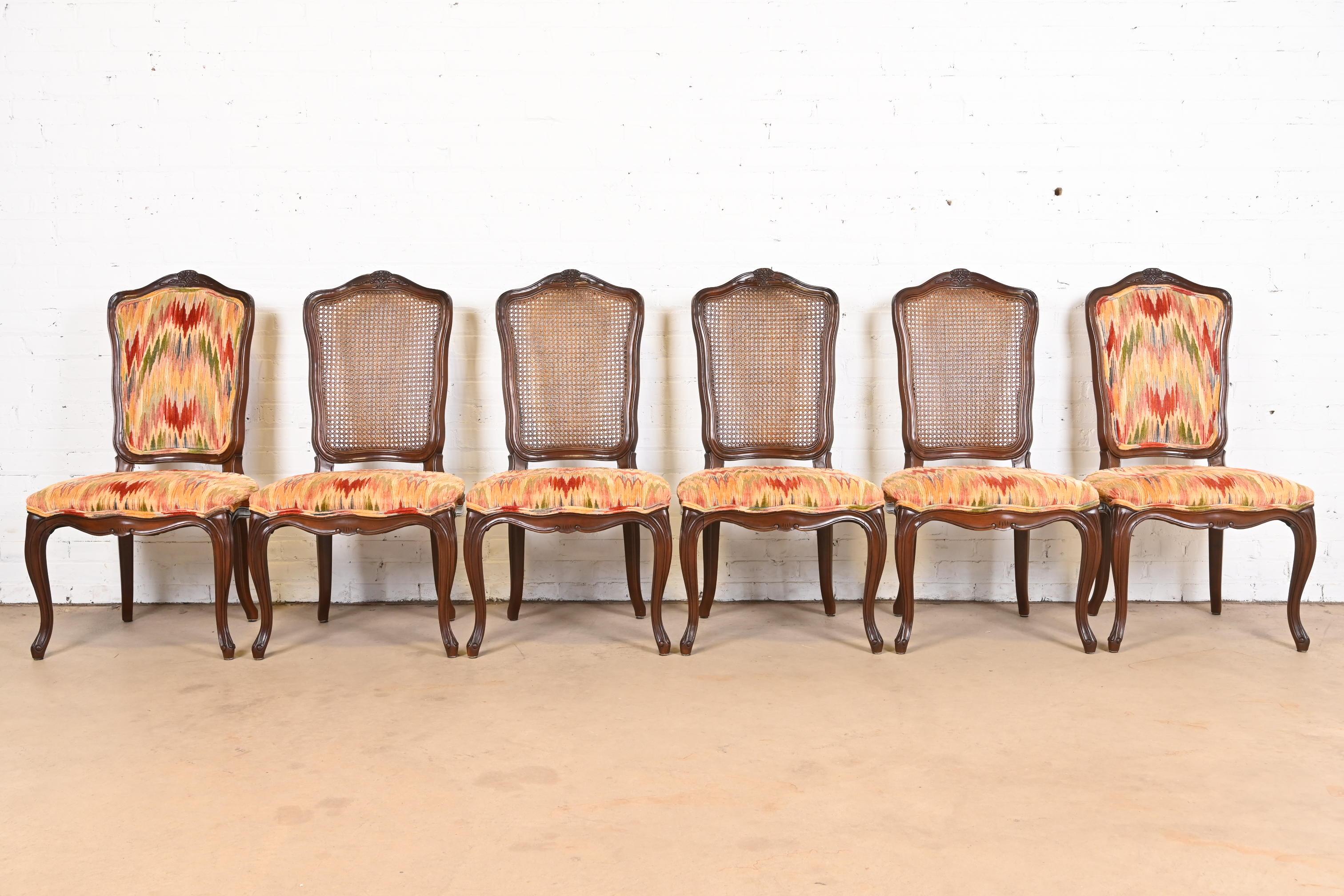 American Kindel Furniture French Provincial Louis XV Walnut Cane Back Dining Chairs For Sale