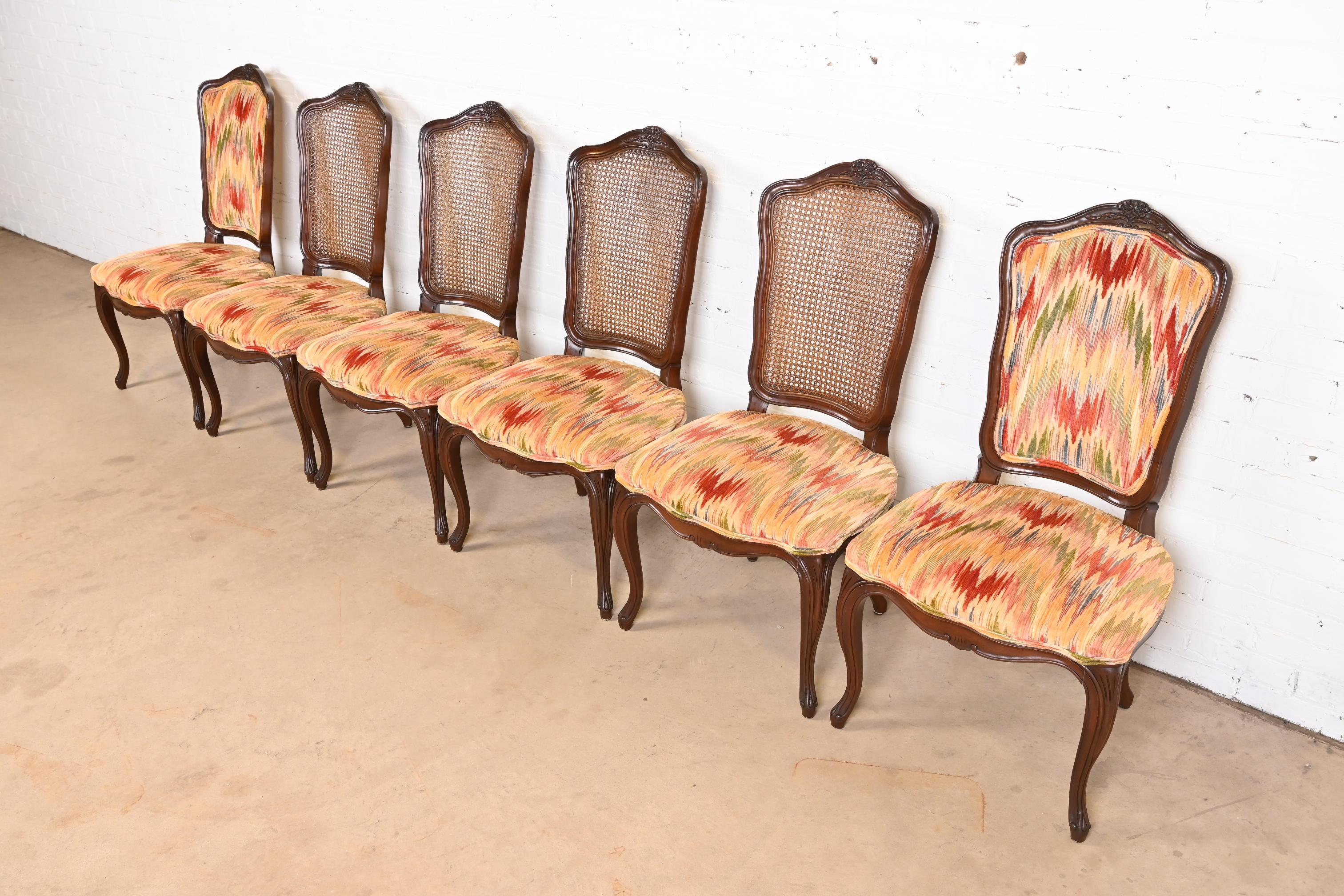 Late 20th Century Kindel Furniture French Provincial Louis XV Walnut Cane Back Dining Chairs For Sale