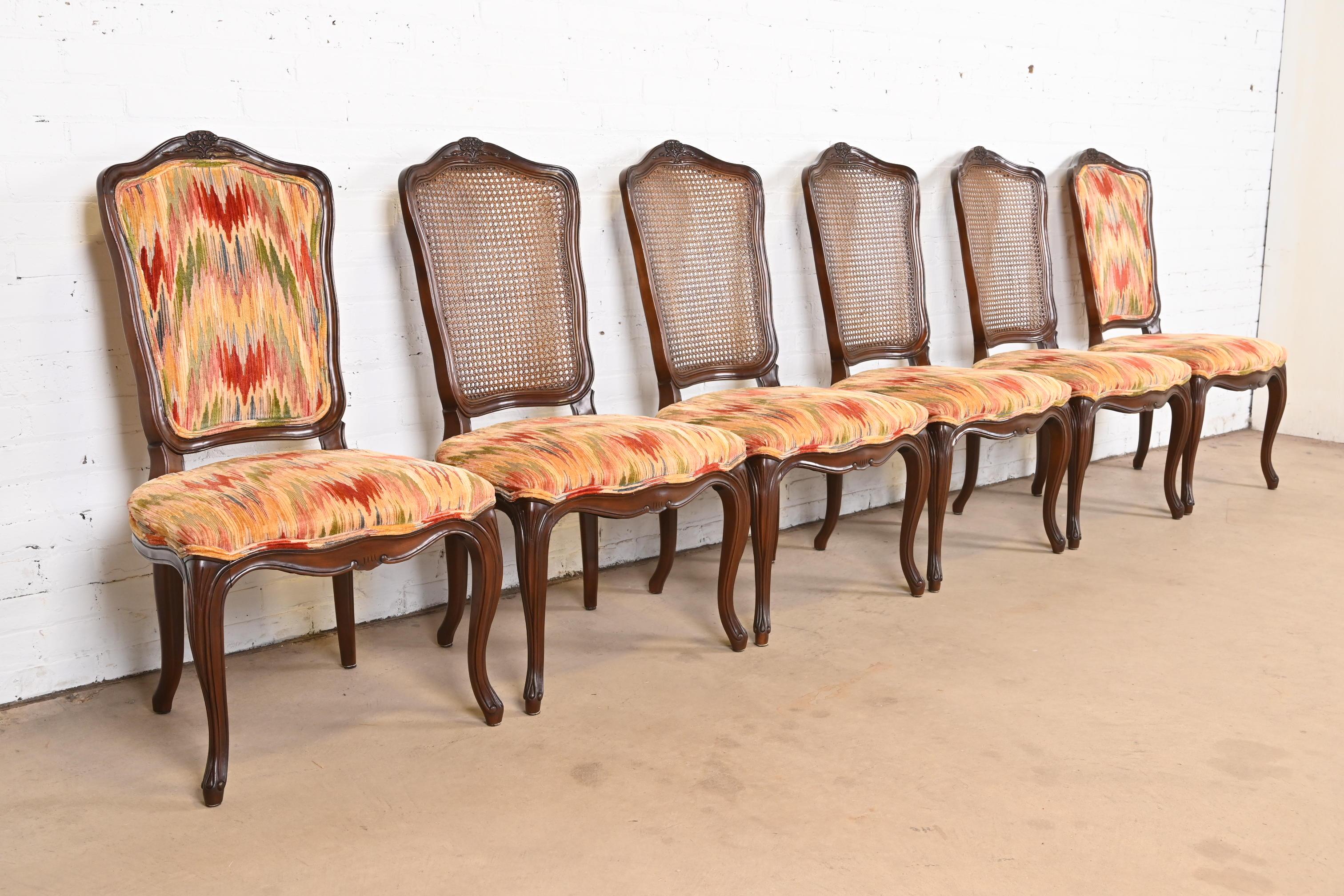 Upholstery Kindel Furniture French Provincial Louis XV Walnut Cane Back Dining Chairs For Sale