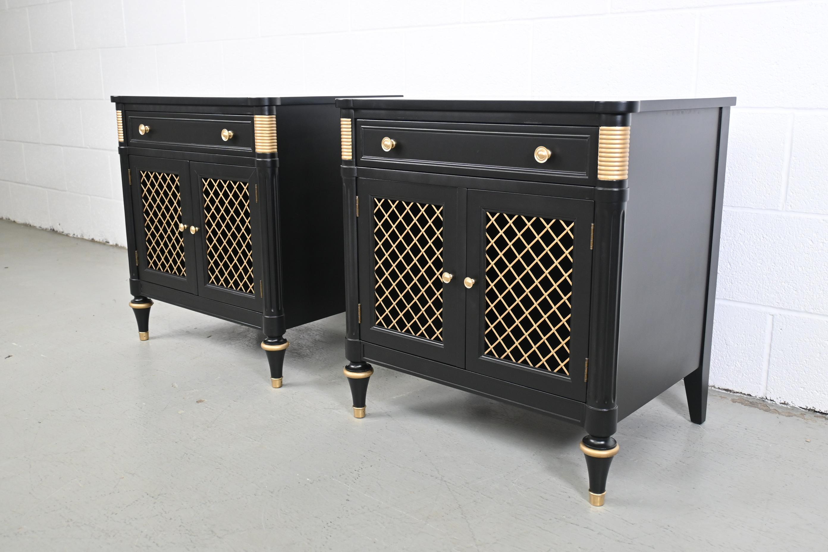 American Kindel Furniture French Regency Black Lacquered Nightstands, a Pair