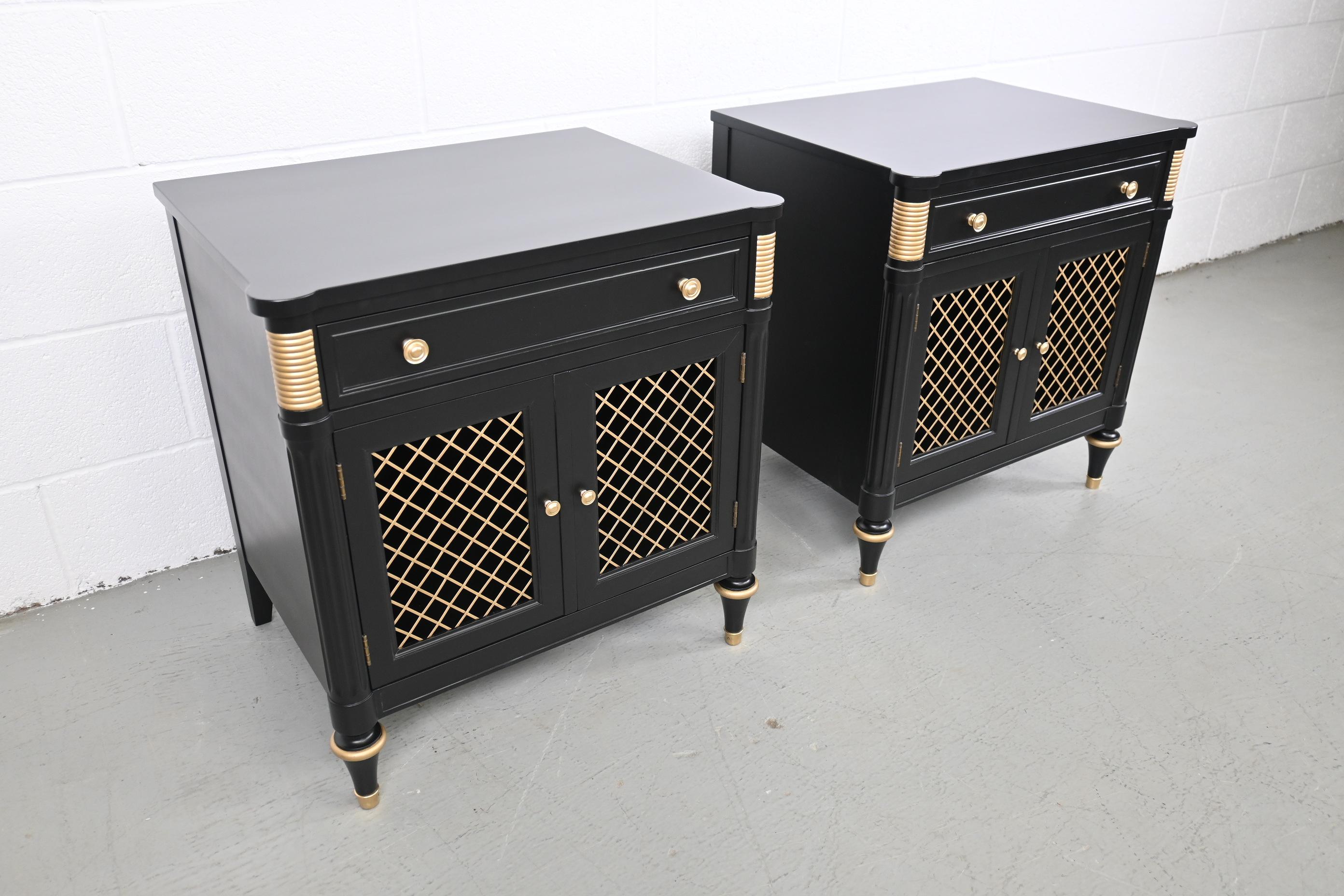 Late 20th Century Kindel Furniture French Regency Black Lacquered Nightstands, a Pair