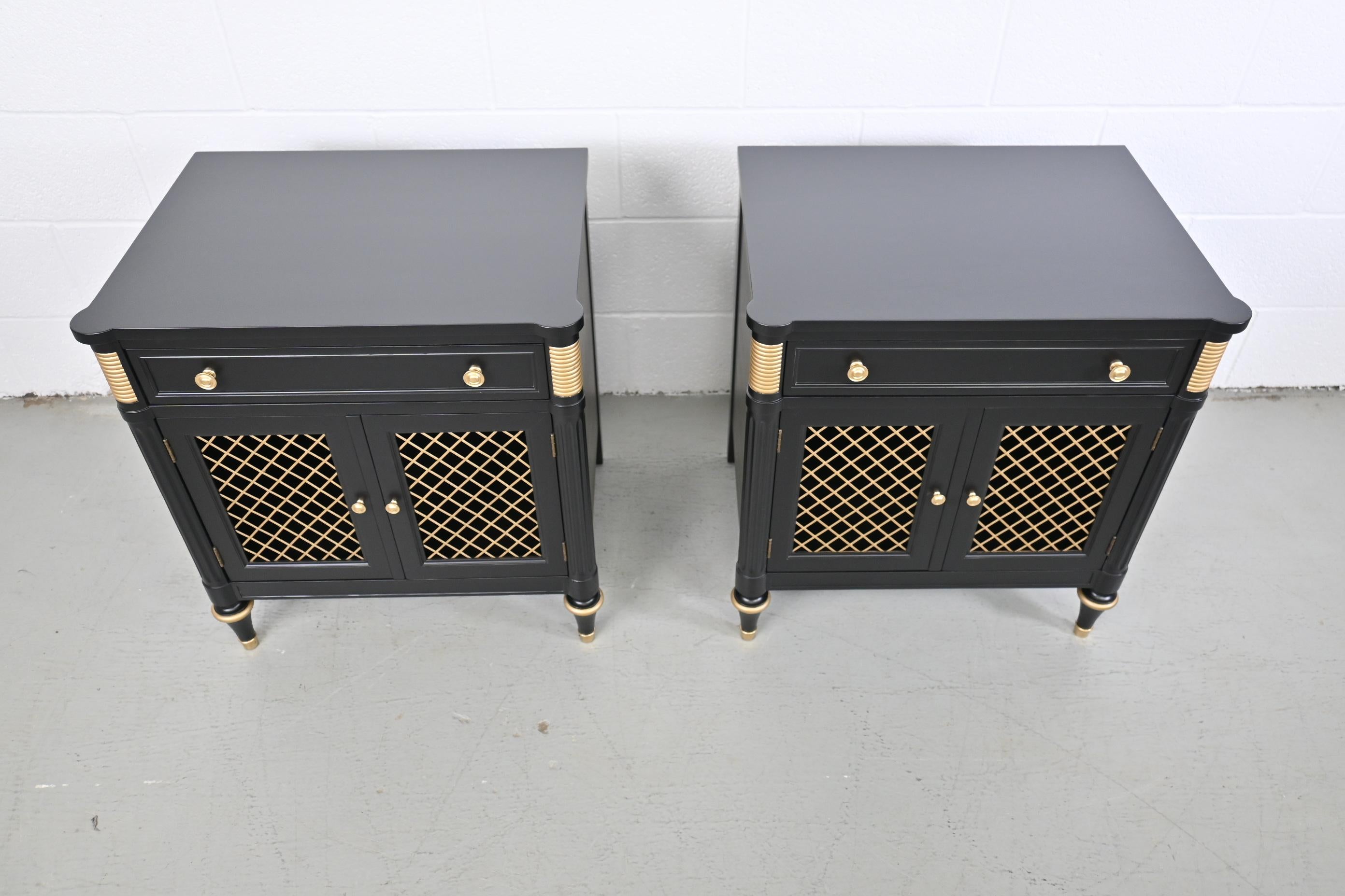 Wood Kindel Furniture French Regency Black Lacquered Nightstands, a Pair