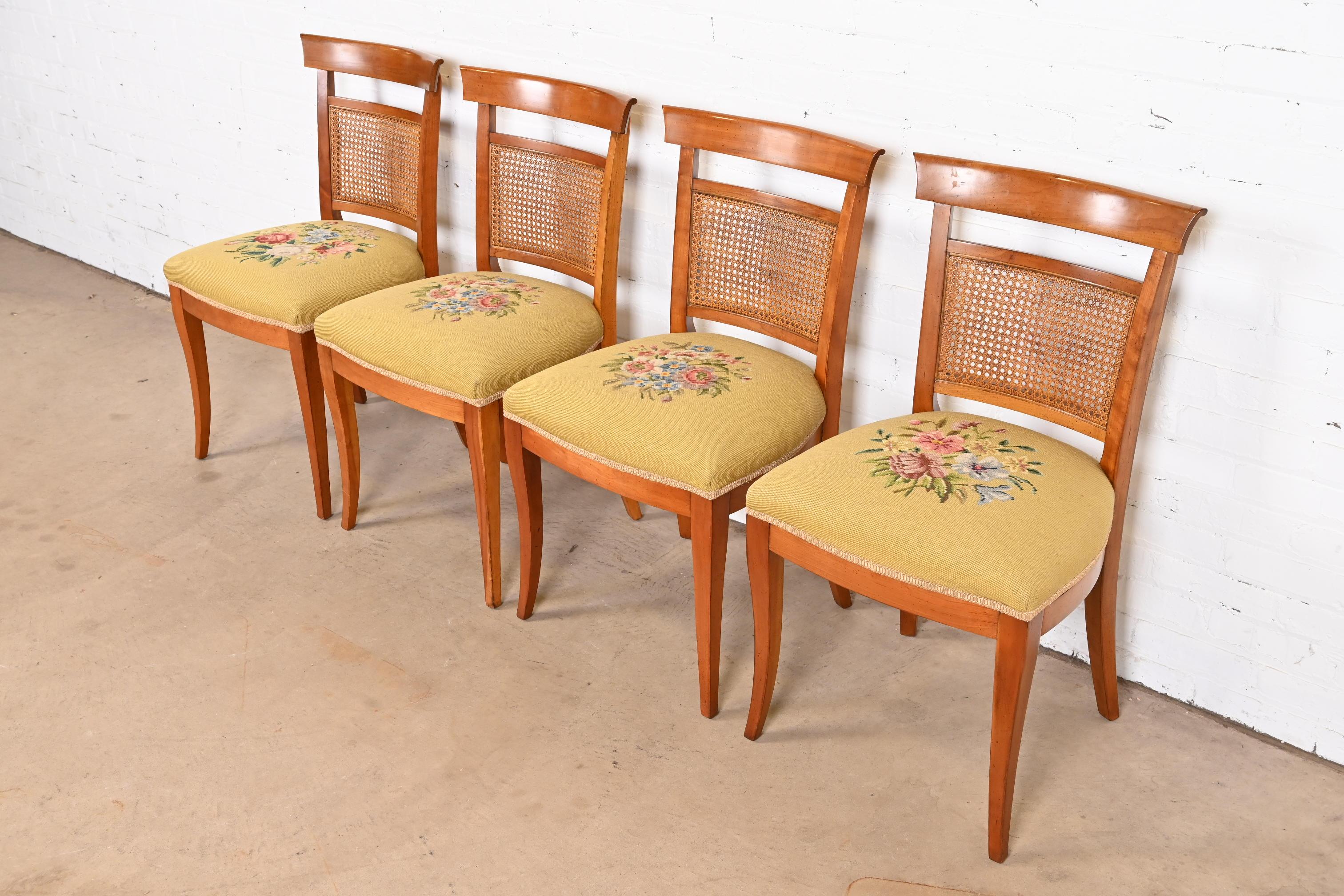 American Kindel Furniture French Regency Cherry Wood and Cane Dining Chairs, Set of Four For Sale