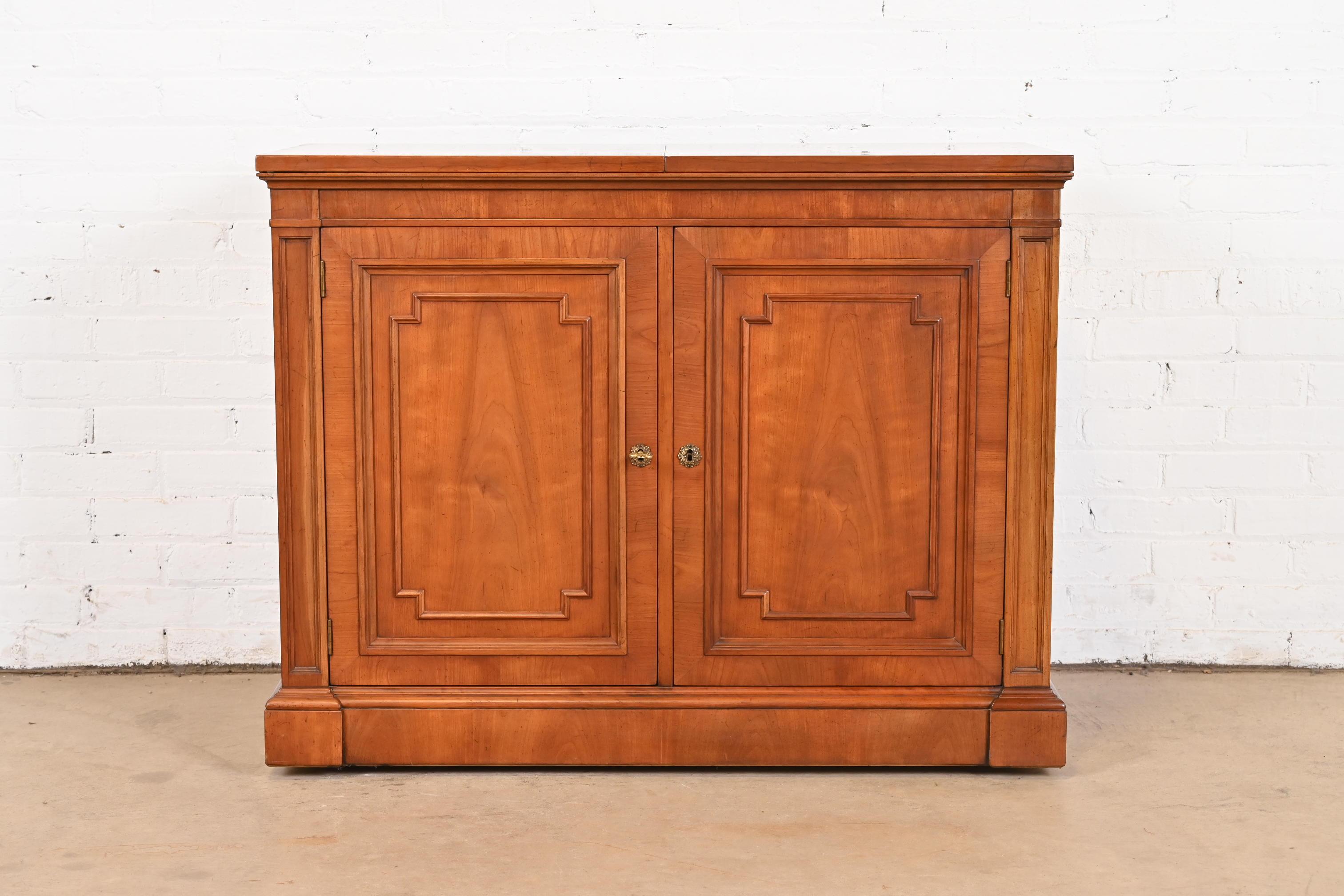 American Kindel Furniture French Regency Cherry Wood Flip Top Rolling Bar Cabinet For Sale