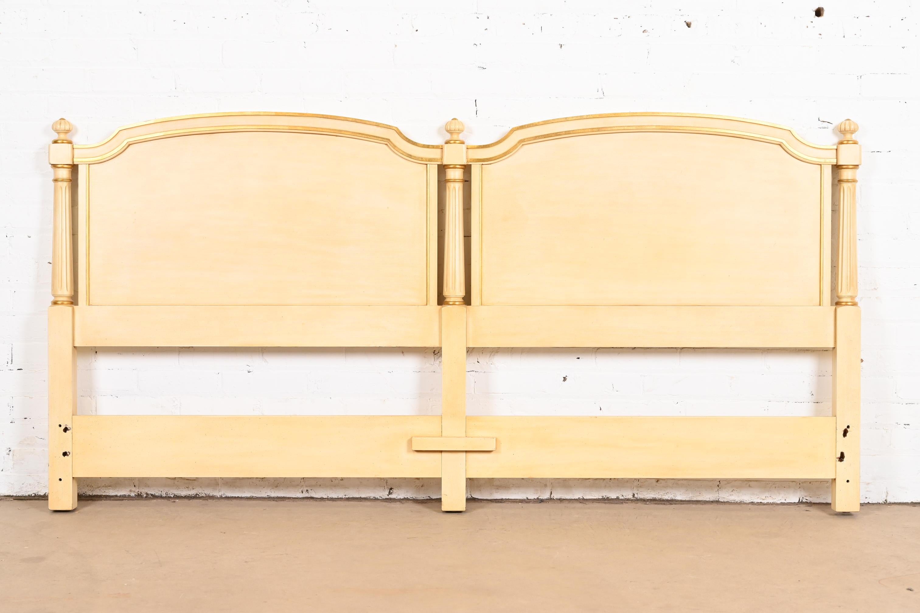 A gorgeous French Regency Louis XVI style king size headboard

By Kindel Furniture

USA, Circa 1960s

Carved solid cherry wood in original cream lacquer, with gold gilt details.

Measures: 79
