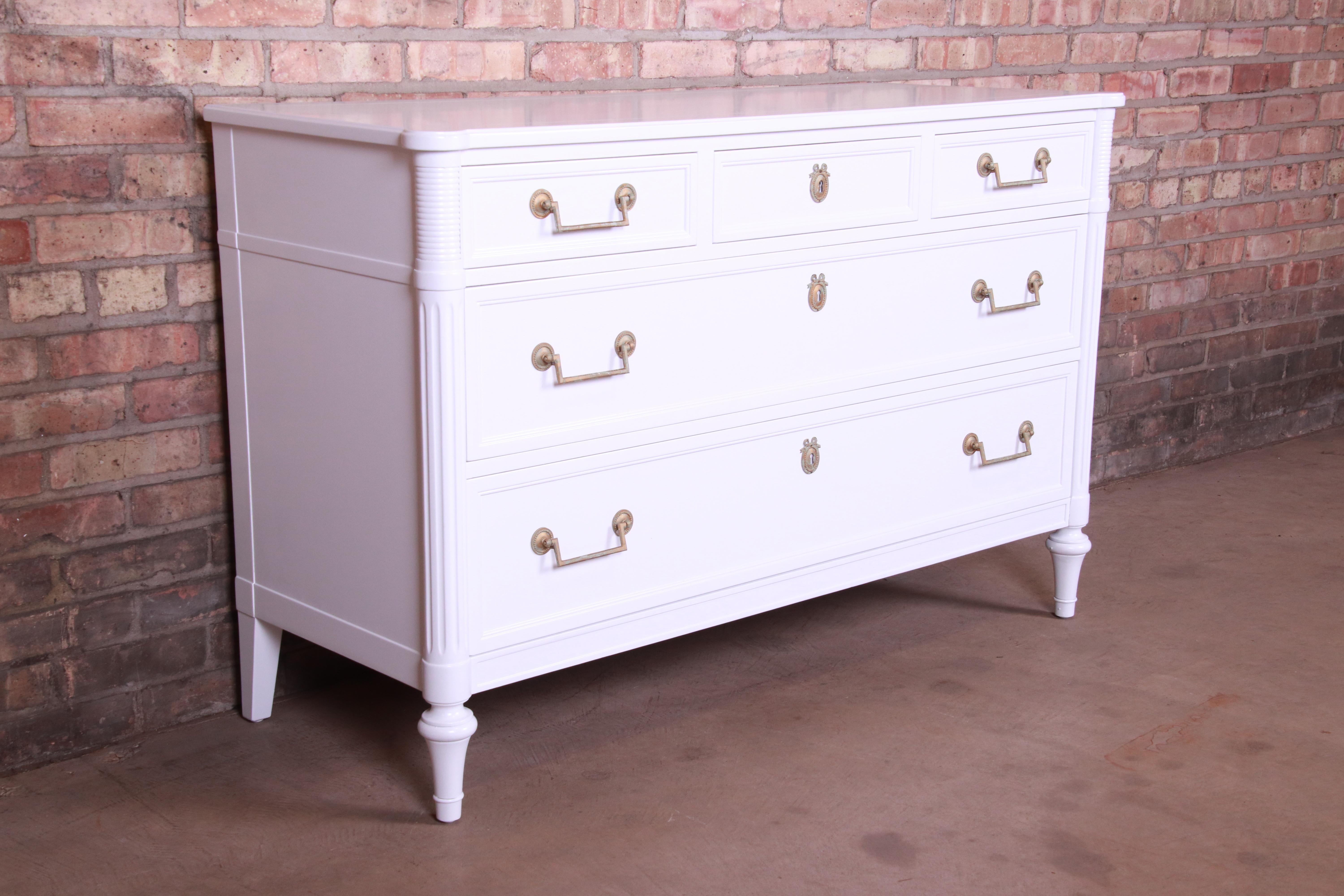 French Provincial Kindel Furniture French Regency Directoire White Lacquered Dresser, Refinished