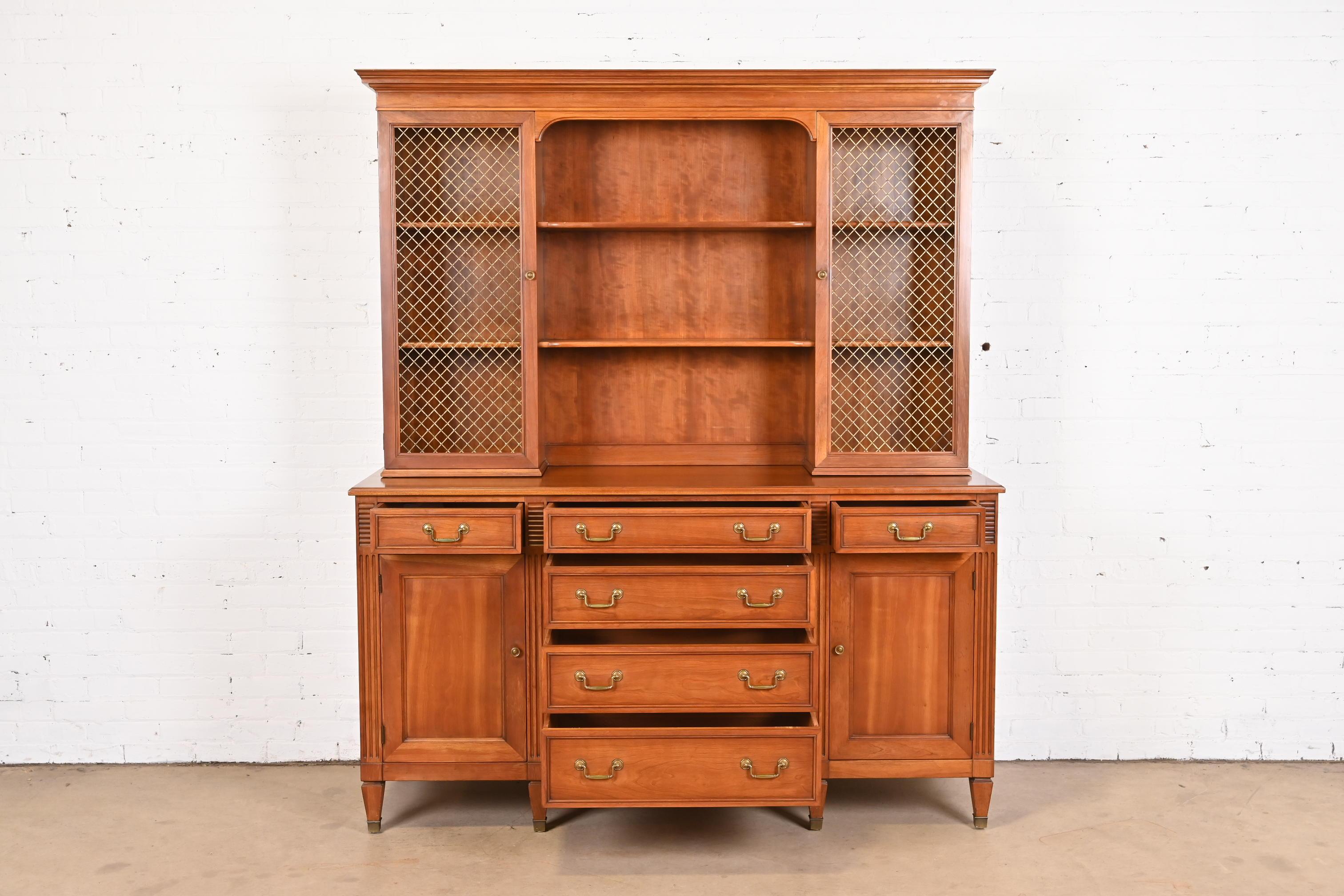Brass Kindel Furniture French Regency Fruitwood Breakfront Bookcase Cabinet, 1960s